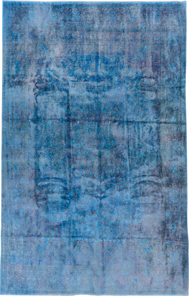 5' x 9' one-of-a-kind handmade antique Overdyed medium size rug. Color palette: sky blue, azure, slate, indigo, lavender