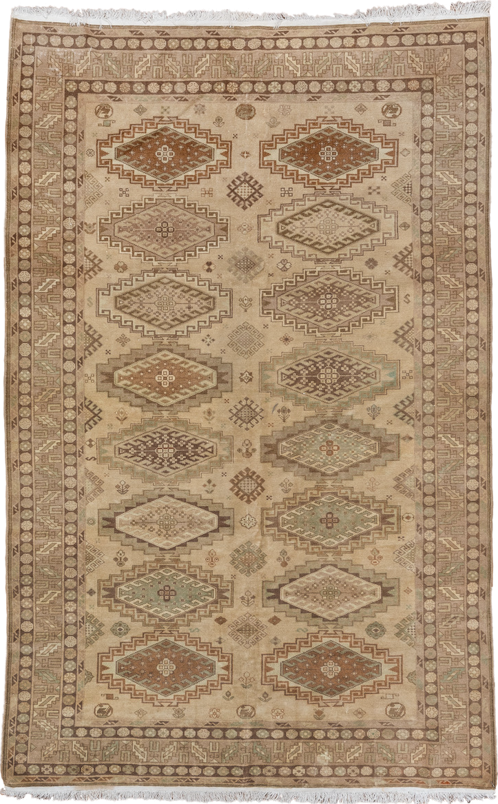 6' x 9' one-of-a-kind handmade antique Derband medium size rug. Color palette: ivory, taupe, camel, sage, brown, sand, rust
