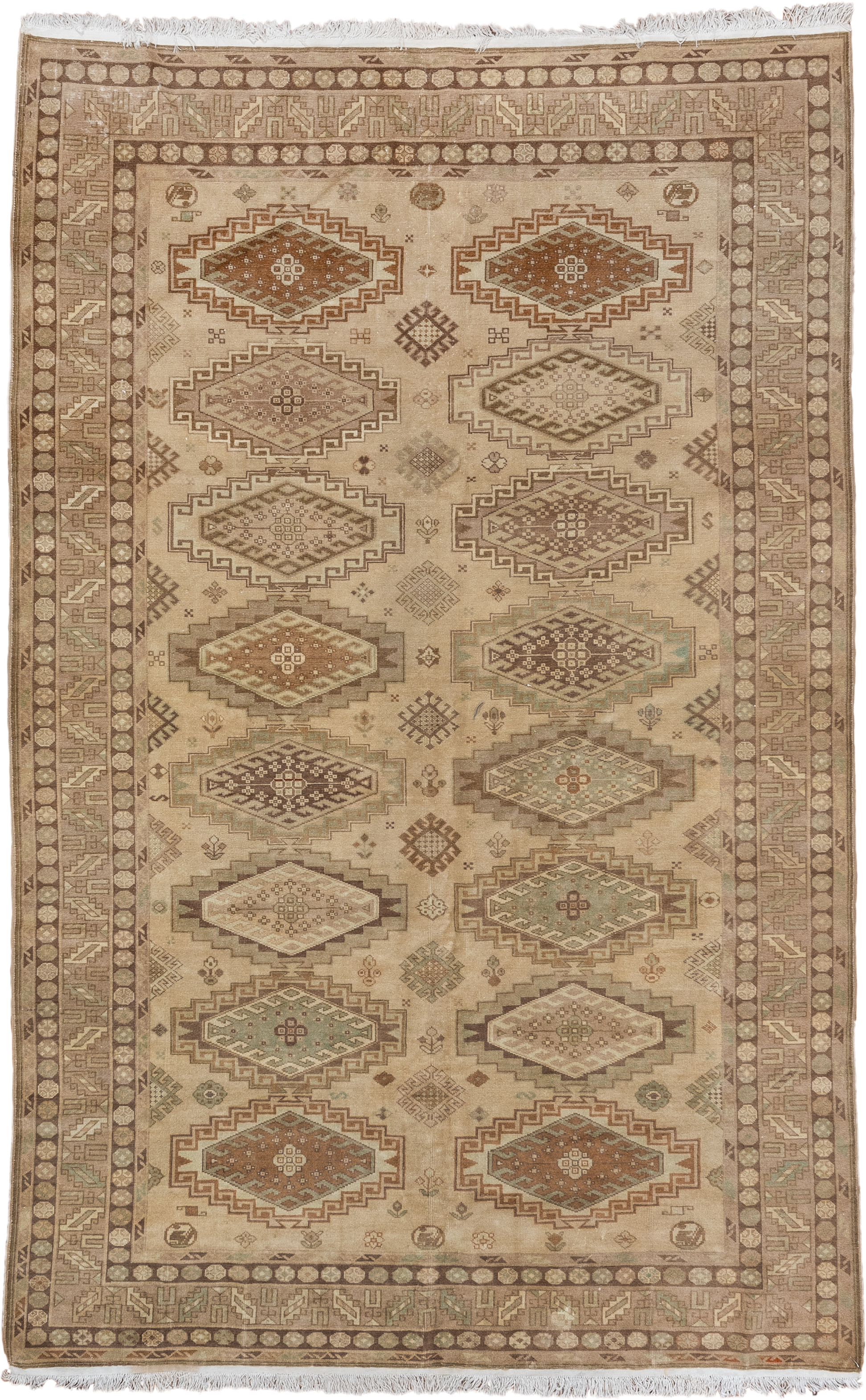 6' x 9' one-of-a-kind handmade antique Derband medium size rug. Color palette: ivory, taupe, camel, sage, brown, sand, rust