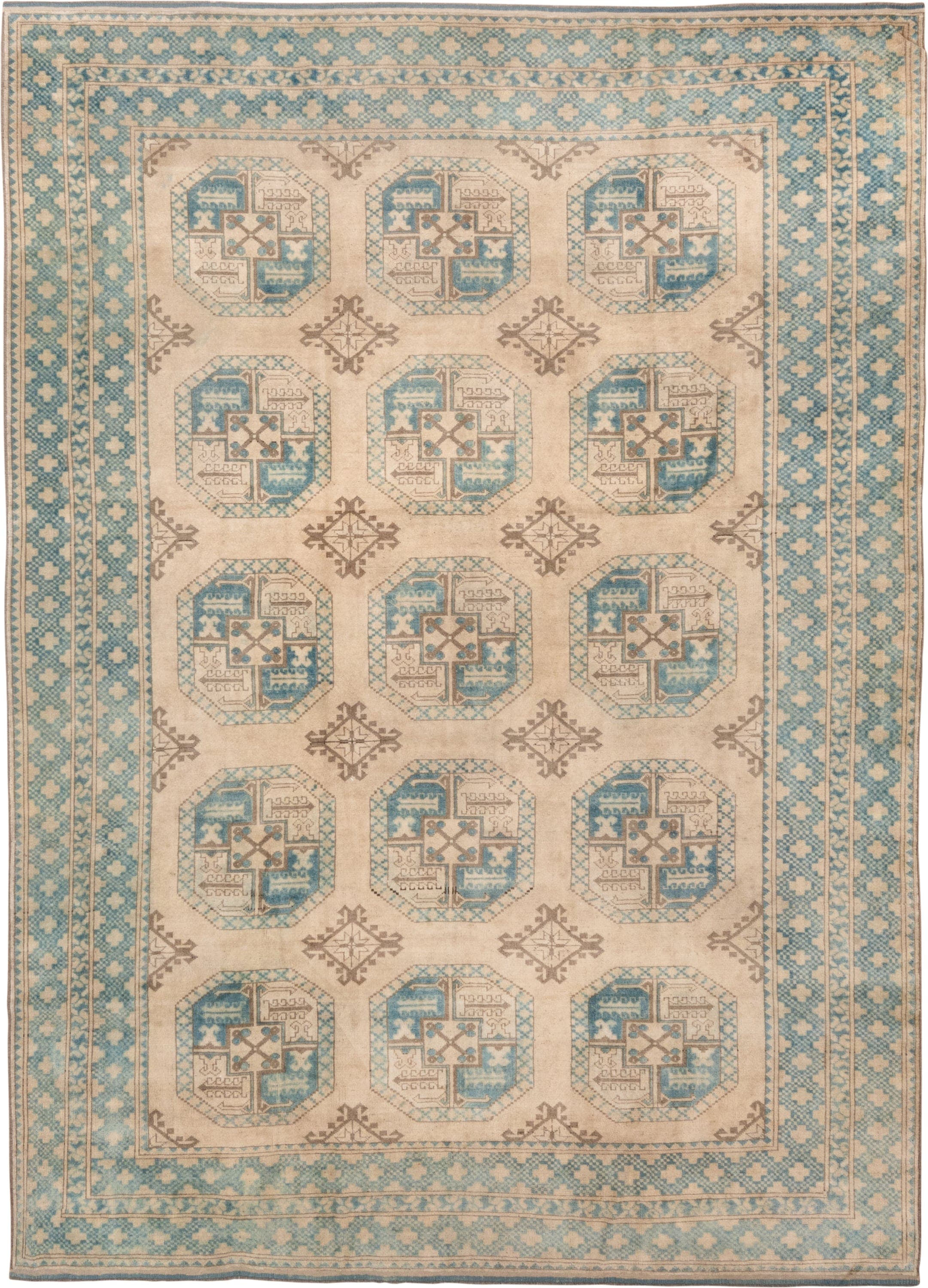 7' x 10' one-of-a-kind handmade antique Afghan large size rug. Color palette: ivory, aqua, beige, taupe, camel, teal, gray