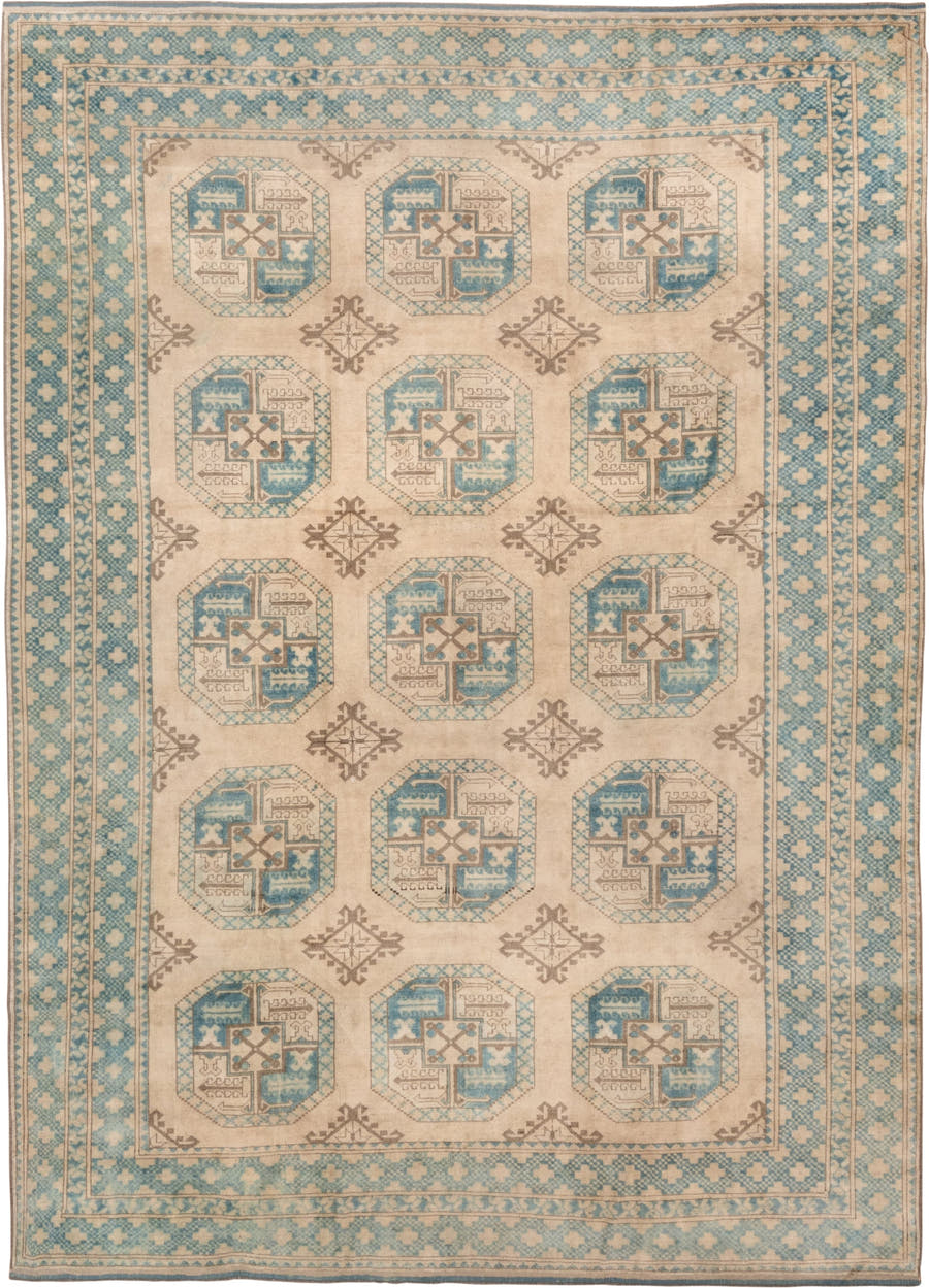 7' x 10' one-of-a-kind handmade antique Afghan large size rug. Color palette: ivory, aqua, beige, taupe, camel, teal, gray