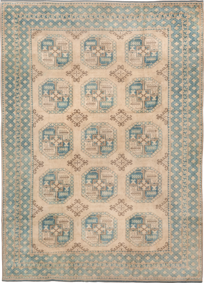 7' x 10' one-of-a-kind handmade vintage Afghan large size rug. Color palette: brown, dark gray, gray, light gray, off-white