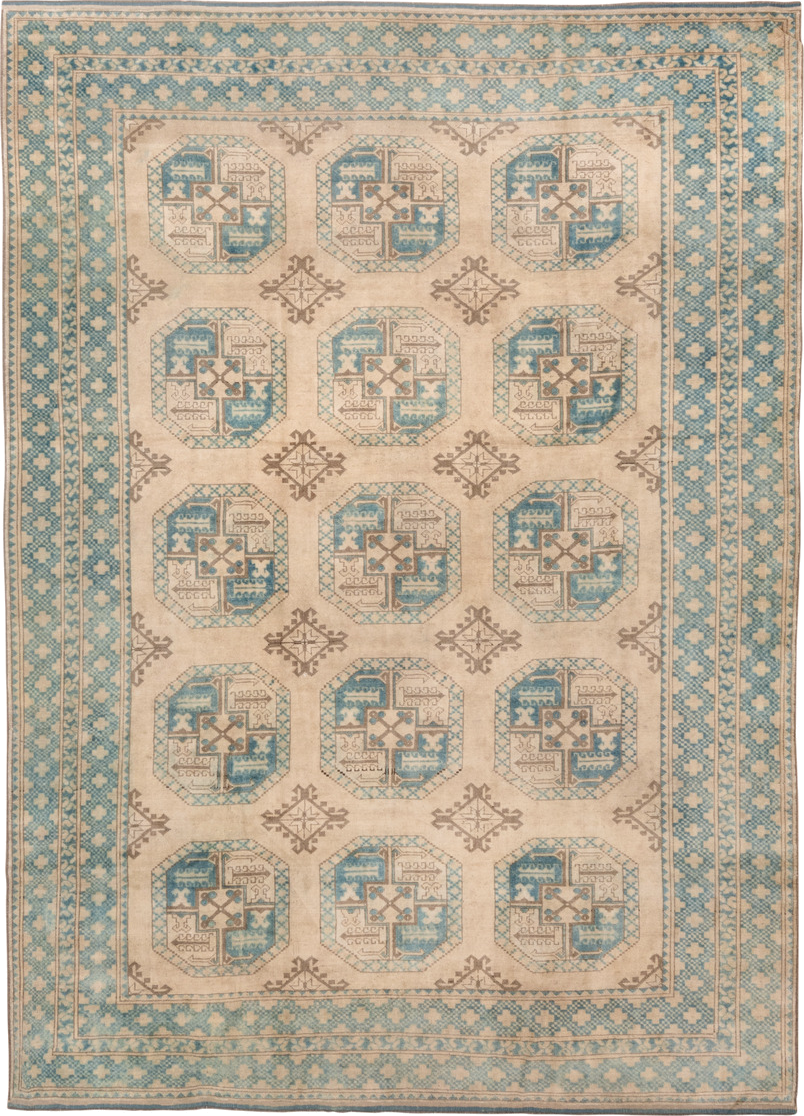 7' x 10' one-of-a-kind handmade vintage Afghan large size rug. Color palette: brown, dark gray, gray, light gray, off-white