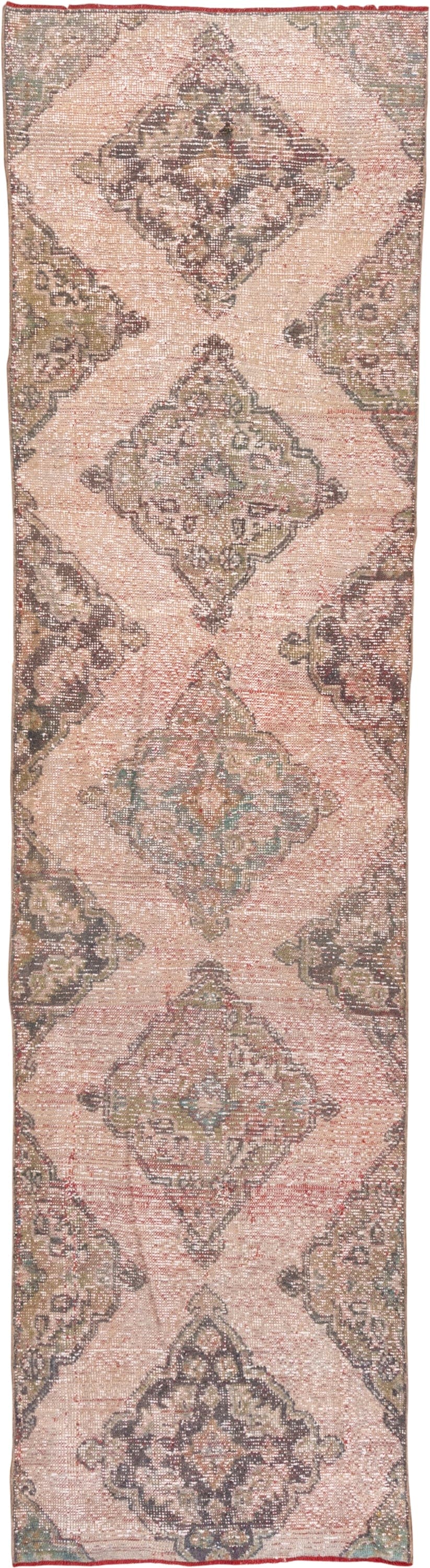 2' x 10' one-of-a-kind handmade antique Oushak runner rug. Color palette: blush, taupe, brown, sage, ivory, rose, olive