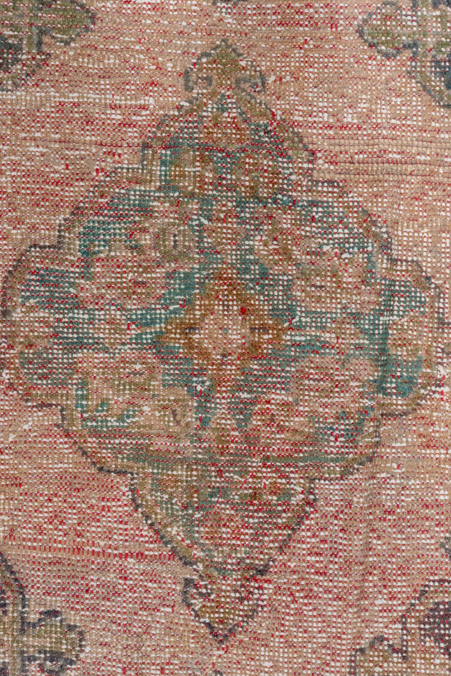 2' x 10' one-of-a-kind handmade antique Oushak runner rug. Color palette: blush, taupe, brown, sage, ivory, rose, olive