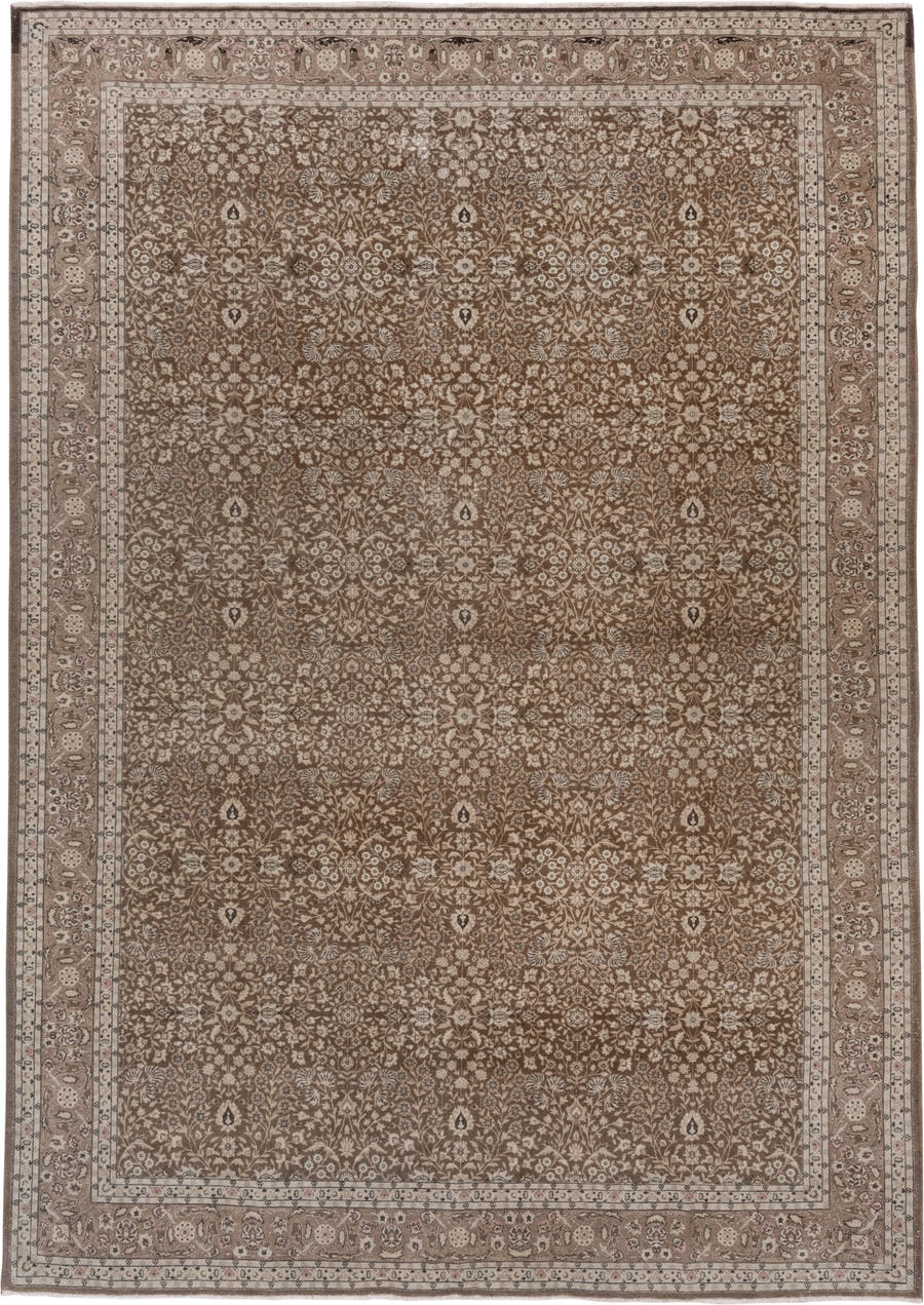 8' x 11' one-of-a-kind handmade antique Sivas large size rug. Color palette: taupe, ivory, brown, camel, beige, rose