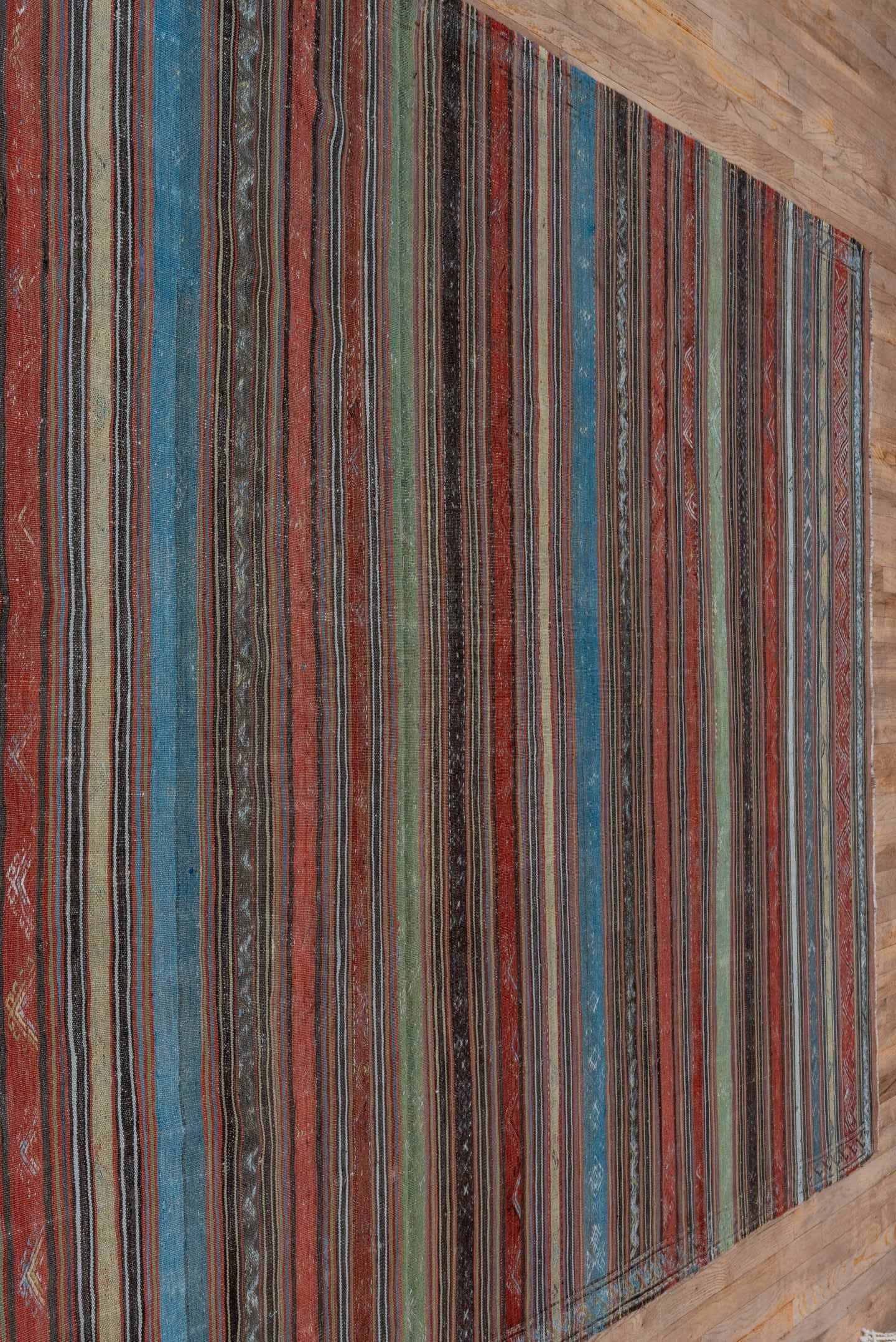 6' x 14' one-of-a-kind handmade antique Kilim large size rug. Color palette: rust, brown, indigo, ivory, sage, charcoal