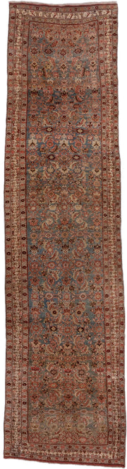3' x 14' one-of-a-kind handmade antique Bidjar runner rug. Color palette: blue, ivory, rust, brown, terracotta, charcoal