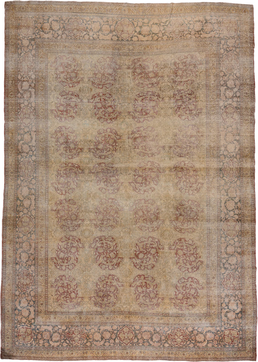 11' x 15' one-of-a-kind handmade antique Isfahan oversize rug. Color palette: ivory, rose, taupe, slate, beige, dusty blue