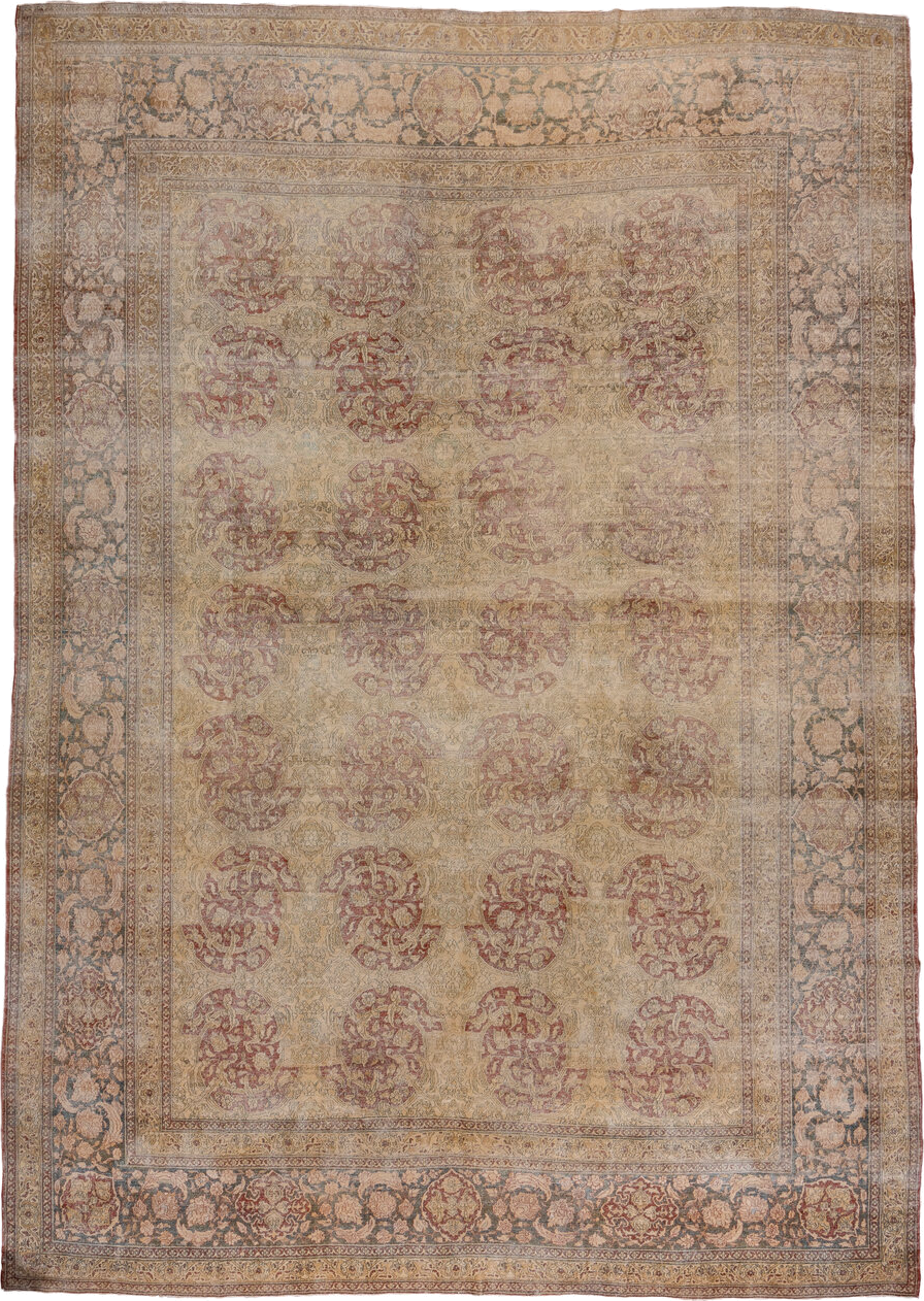 11' x 15' one-of-a-kind handmade antique Isfahan oversize rug. Color palette: ivory, rose, taupe, slate, beige, dusty blue