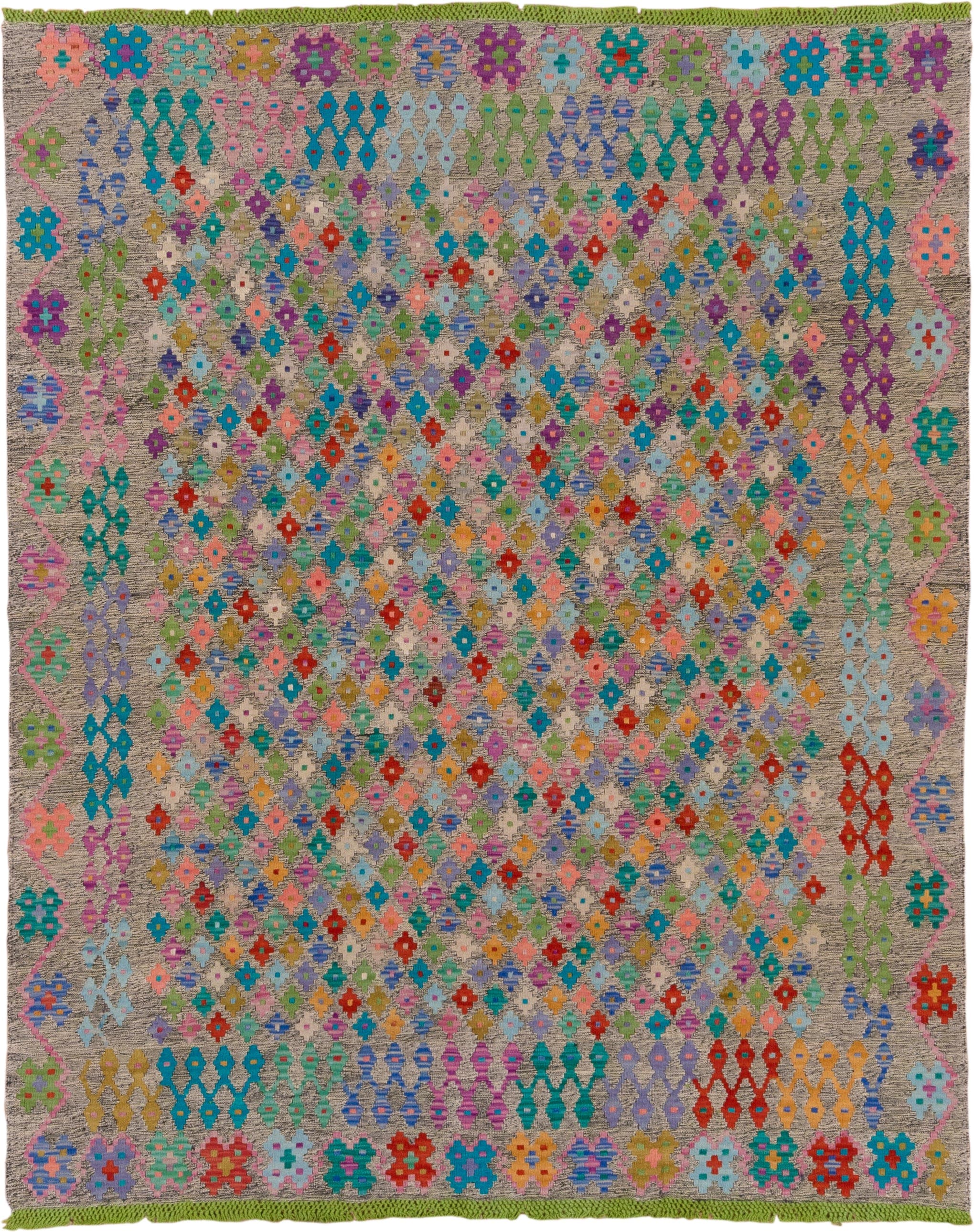 6' x 7' one-of-a-kind handmade vintage Kilim rug. Color palette: taupe, turquoise, lavender, coral, sage, red, sky_blue