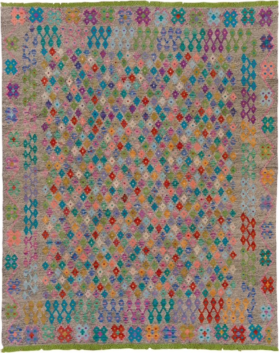 6' x 7' one-of-a-kind handmade vintage Kilim rug. Color palette: taupe, turquoise, lavender, coral, sage, red, sky_blue