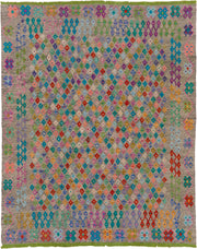 6' x 7' one-of-a-kind handmade vintage Kilim rug. Color palette: taupe, turquoise, lavender, coral, sage, red, sky_blue