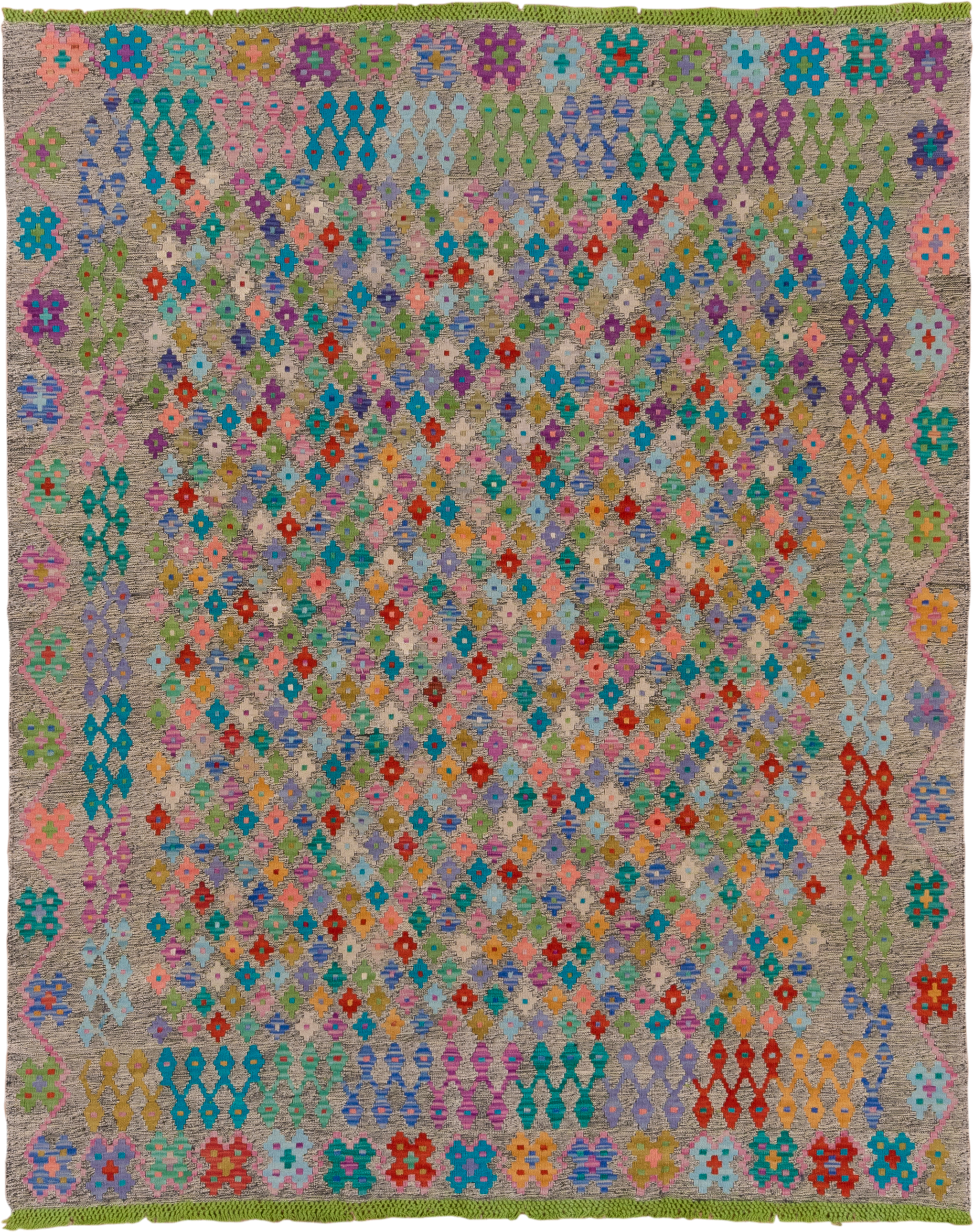 6' x 7' one-of-a-kind handmade vintage Kilim rug. Color palette: taupe, turquoise, lavender, coral, sage, red, sky_blue