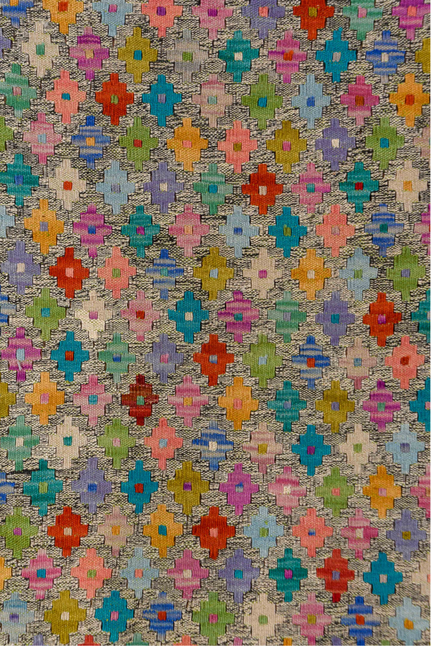 6' x 7' one-of-a-kind handmade vintage Kilim rug. Color palette: blue, brown, dark cyan, gray, green, orange, peru, pink