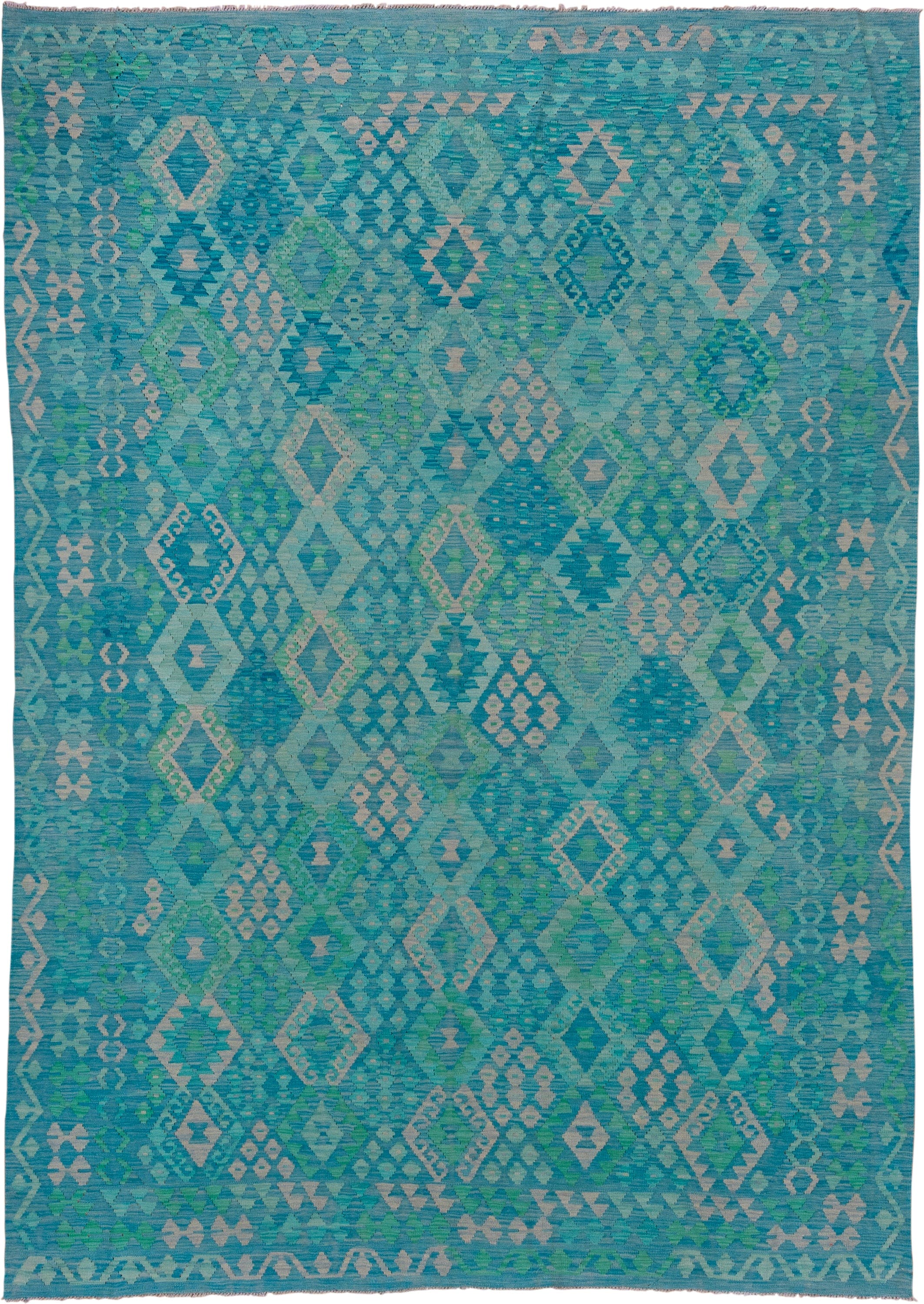 8' x 11' one-of-a-kind handmade vintage Kilim large size rug. Color palette: turquoise, aqua, seafoam, ivory, teal, green
