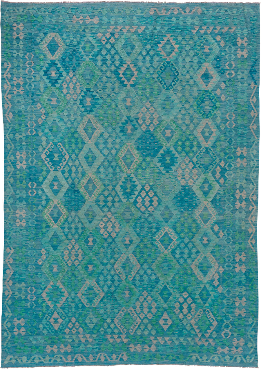 8' x 11' one-of-a-kind handmade vintage Kilim large size rug. Color palette: turquoise, aqua, seafoam, ivory, teal, green