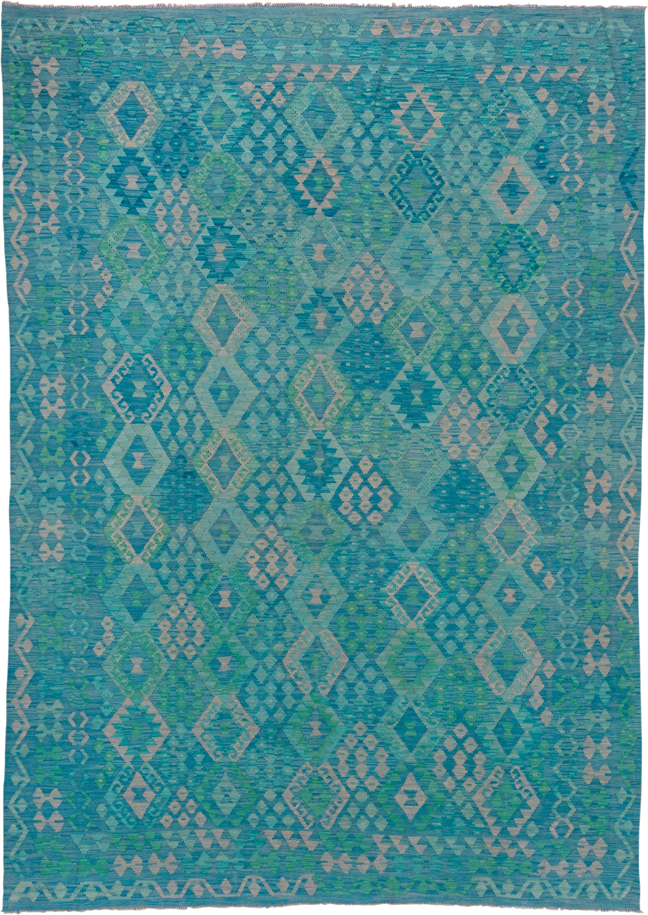8' x 11' one-of-a-kind handmade vintage Kilim large size rug. Color palette: turquoise, aqua, seafoam, ivory, teal, green