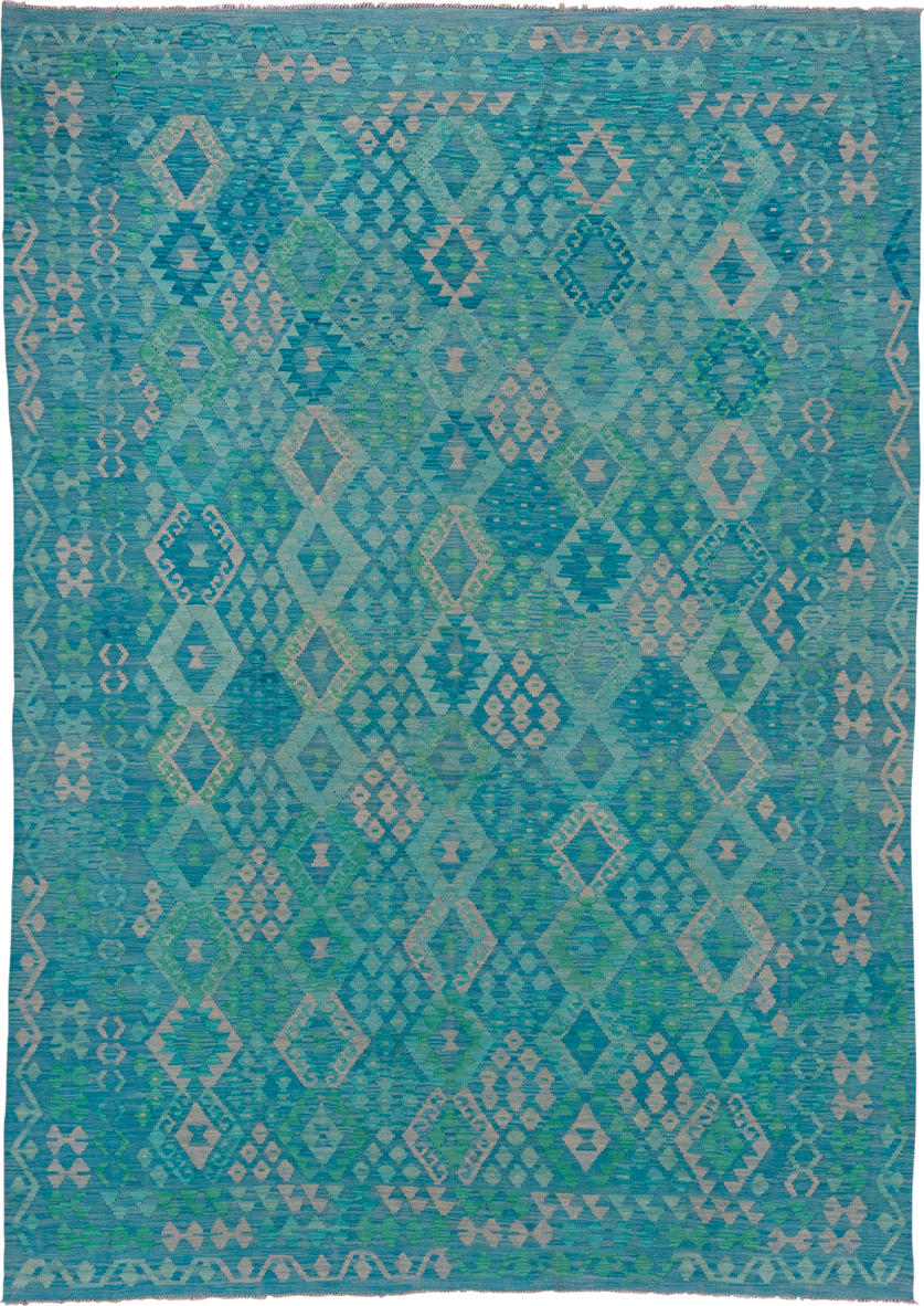 8' x 11' one-of-a-kind handmade vintage Kilim large size rug. Color palette: turquoise, aqua, seafoam, ivory, teal, green