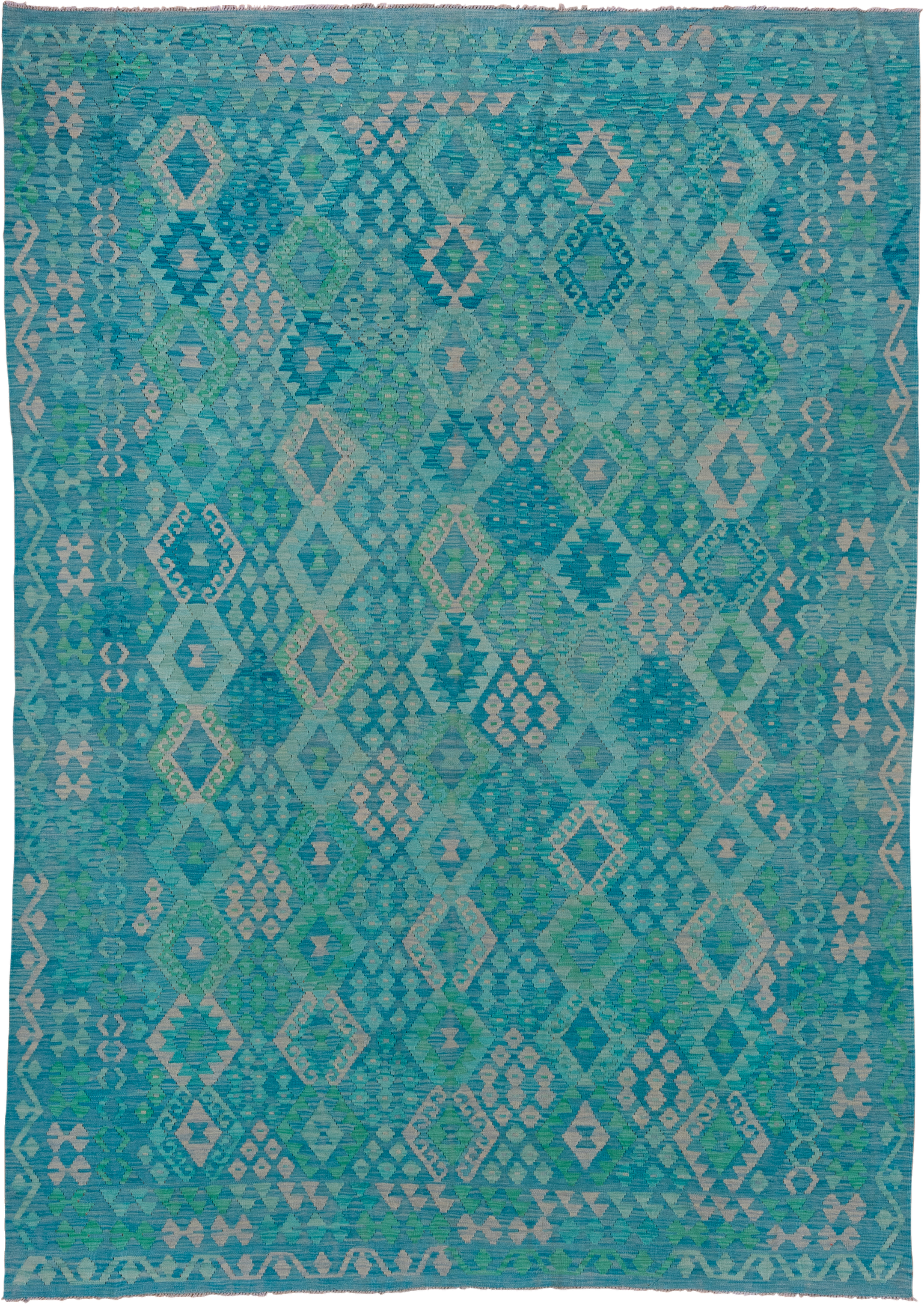 8' x 11' one-of-a-kind handmade vintage Kilim large size rug. Color palette: turquoise, aqua, seafoam, ivory, teal, green