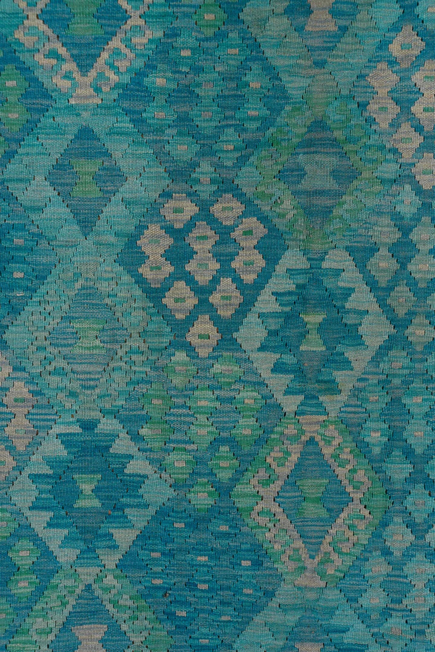 8' x 11' one-of-a-kind handmade vintage Kilim large size rug. Color palette: turquoise, aqua, seafoam, ivory, teal, green
