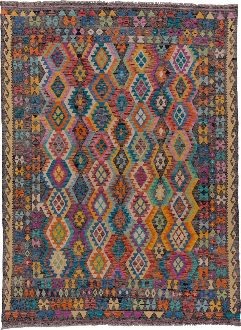 6' x 9' one-of-a-kind handmade vintage Kilim medium size rug. Color palette: gray, ivory, turquoise, orange, magenta, blue
