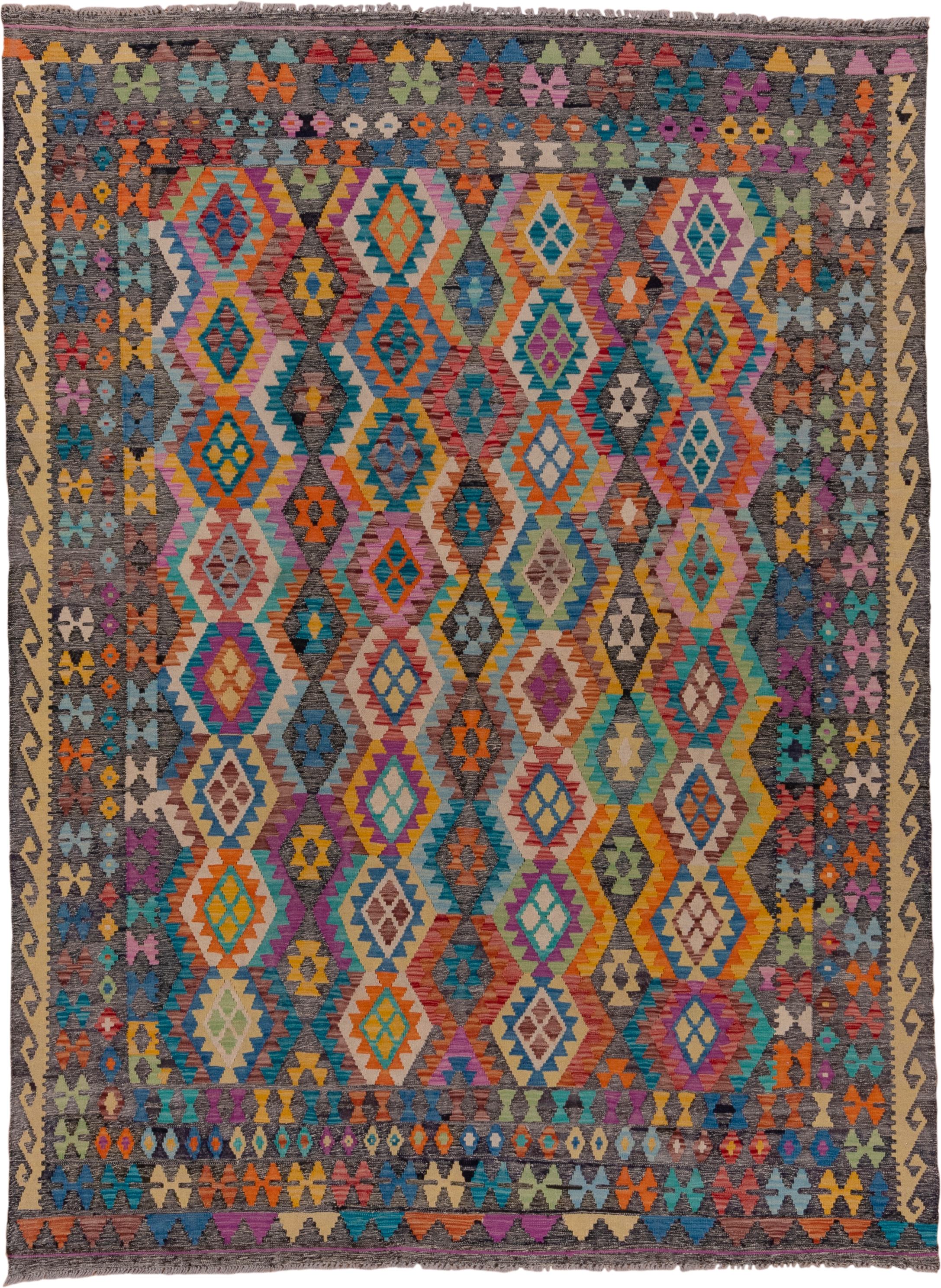 6' x 9' one-of-a-kind handmade vintage Kilim medium size rug. Color palette: gray, ivory, turquoise, orange, magenta, blue