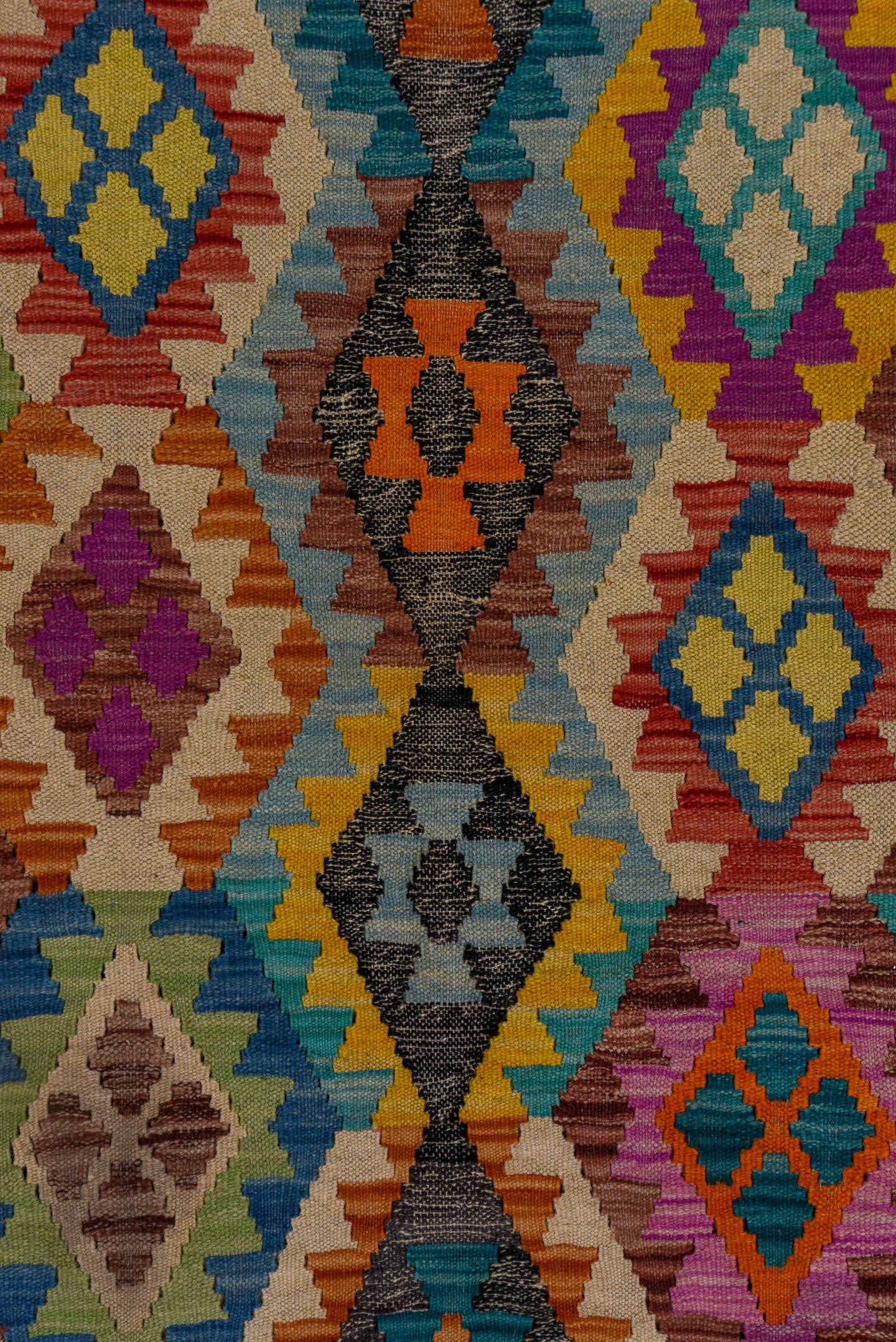 6' x 9' one-of-a-kind handmade vintage Kilim medium size rug. Color palette: gray, ivory, turquoise, orange, magenta, blue