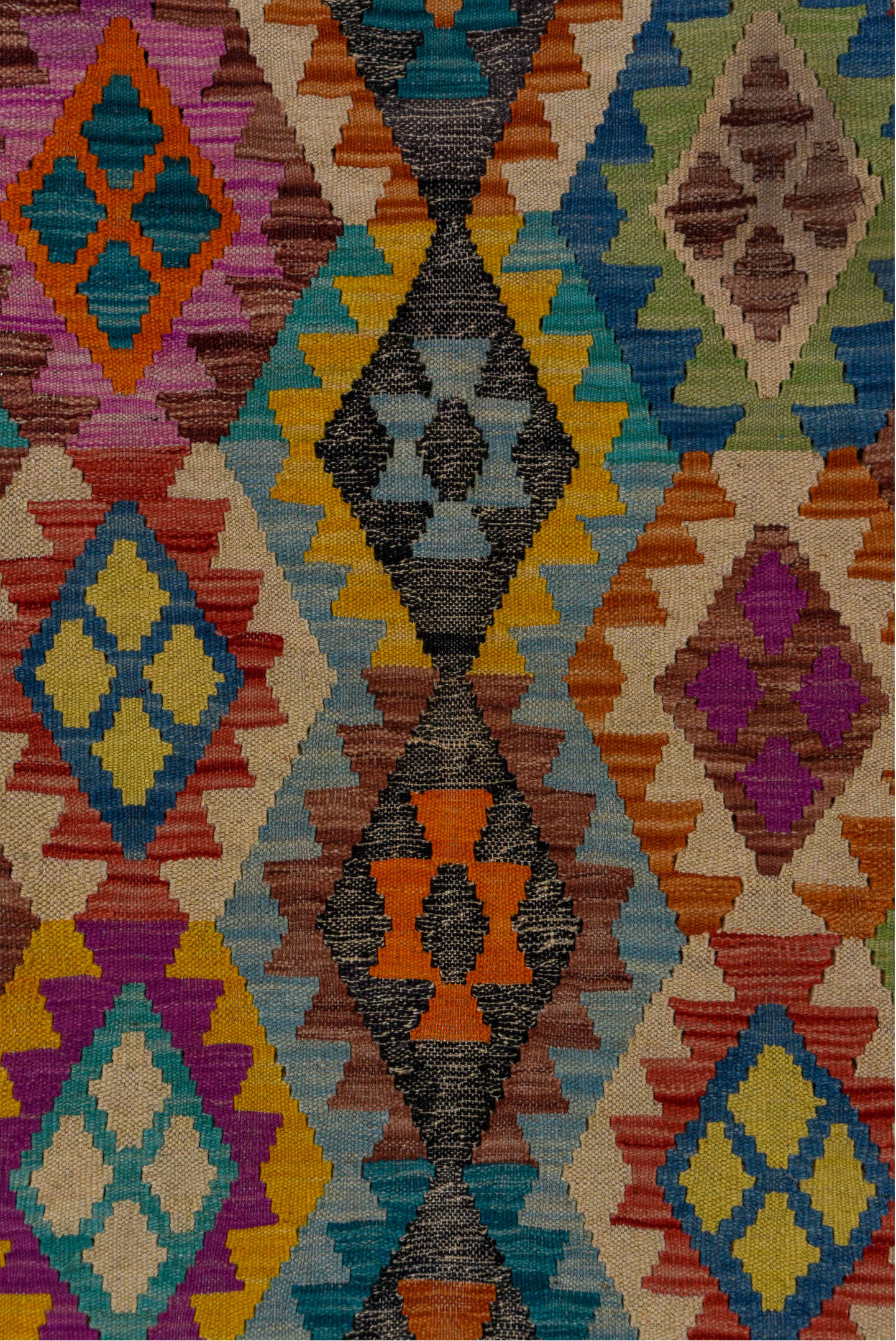 6' x 9' one-of-a-kind handmade vintage Kilim medium size rug. Color palette: gray, ivory, turquoise, orange, magenta, blue