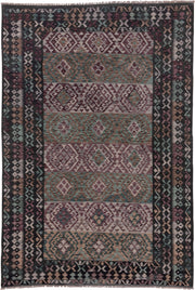 6' x 10' one-of-a-kind handmade vintage Kilim large size rug. Color palette: charcoal, mauve, taupe, teal, ivory, dusty_rose