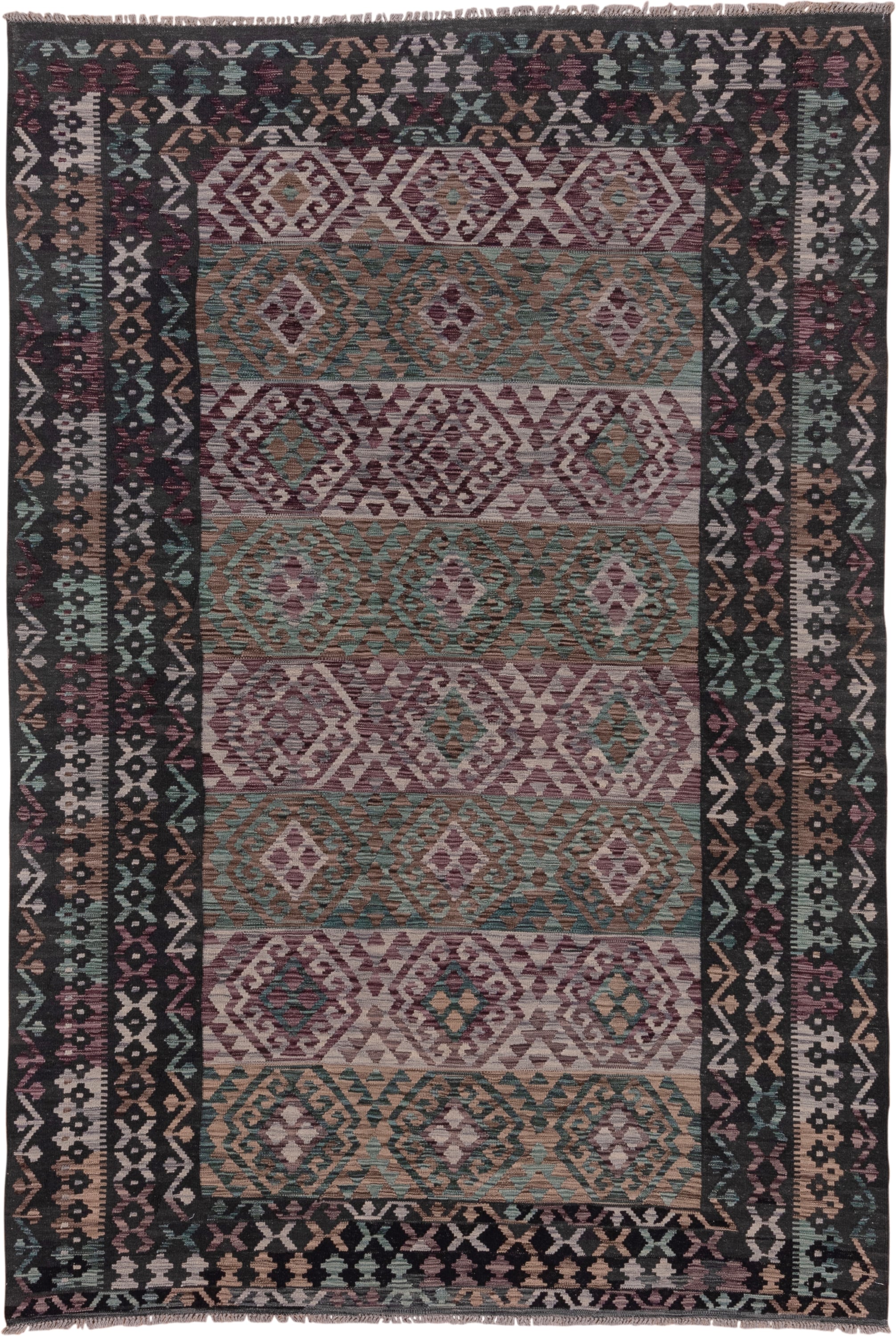 6' x 10' one-of-a-kind handmade vintage Kilim large size rug. Color palette: charcoal, mauve, taupe, teal, ivory, dusty_rose