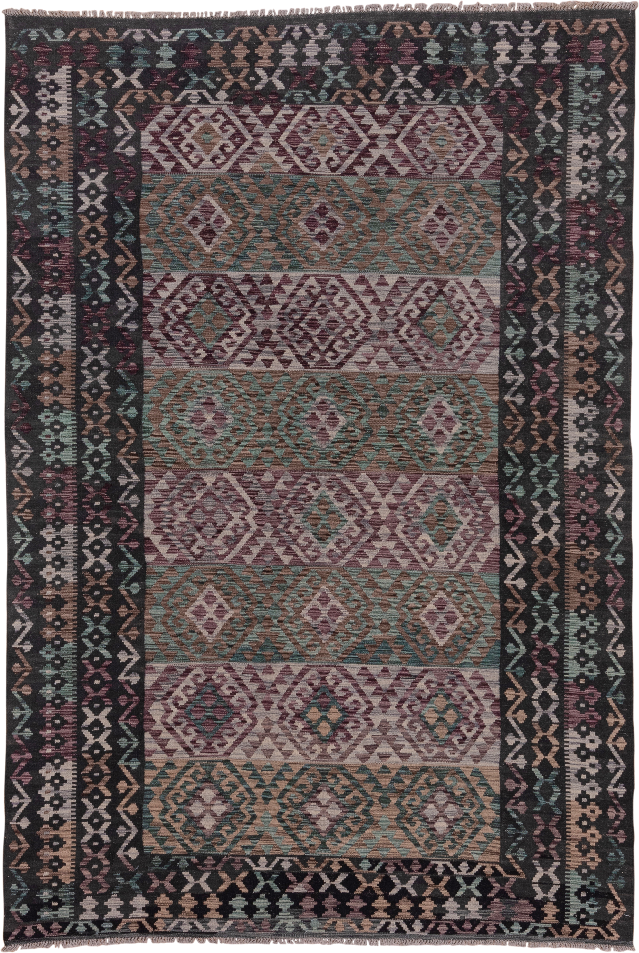 6' x 10' one-of-a-kind handmade vintage Kilim large size rug. Color palette: charcoal, mauve, taupe, teal, ivory, dusty_rose