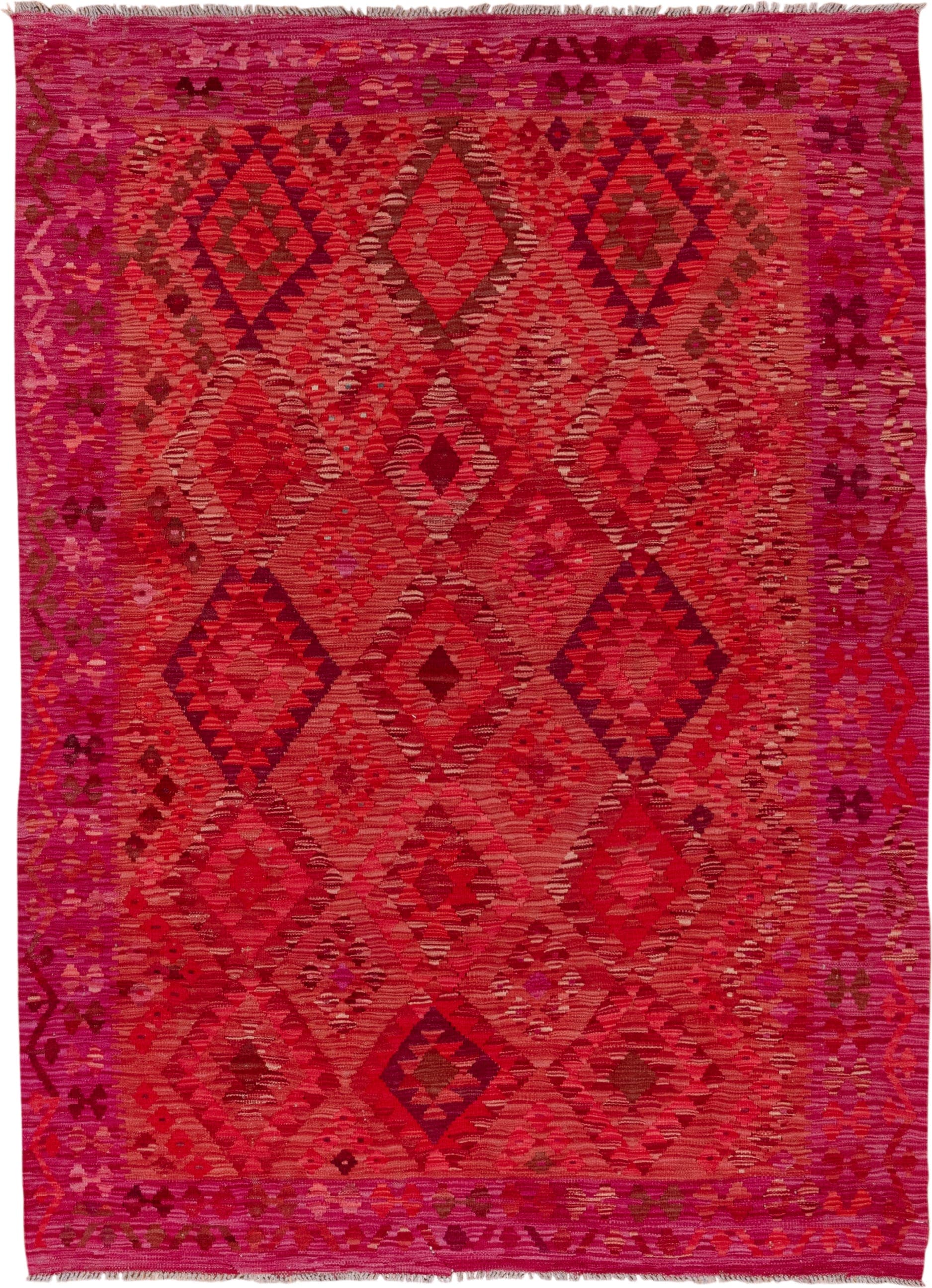 5' x 8' one-of-a-kind handmade vintage Kilim medium size rug. Color palette: magenta, crimson, fuchsia, rose, burgundy