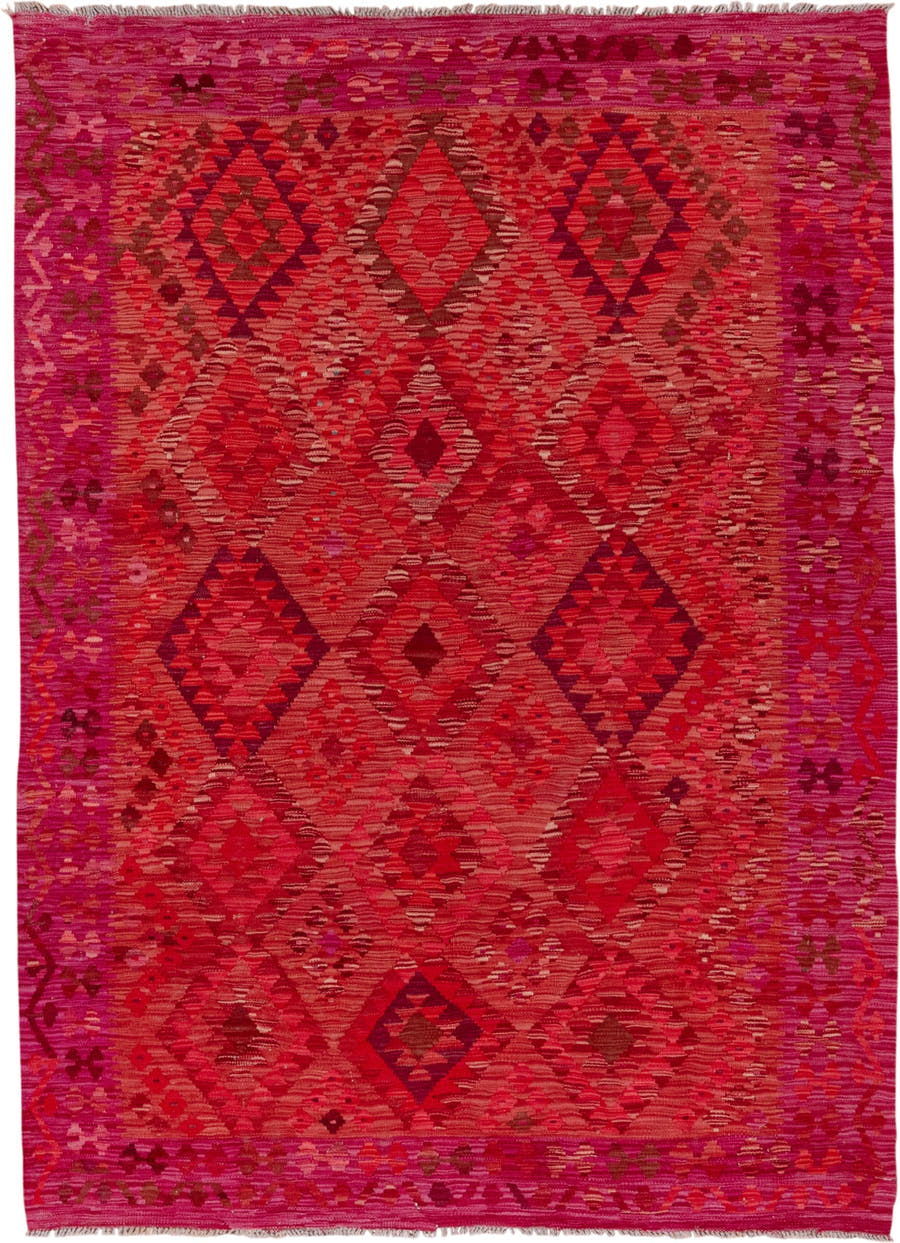 5' x 8' one-of-a-kind handmade vintage Kilim medium size rug. Color palette: magenta, crimson, fuchsia, rose, burgundy