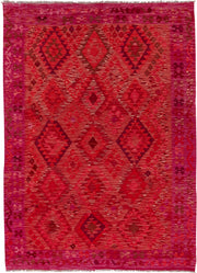 5' x 8' one-of-a-kind handmade vintage Kilim medium size rug. Color palette: magenta, crimson, fuchsia, rose, burgundy