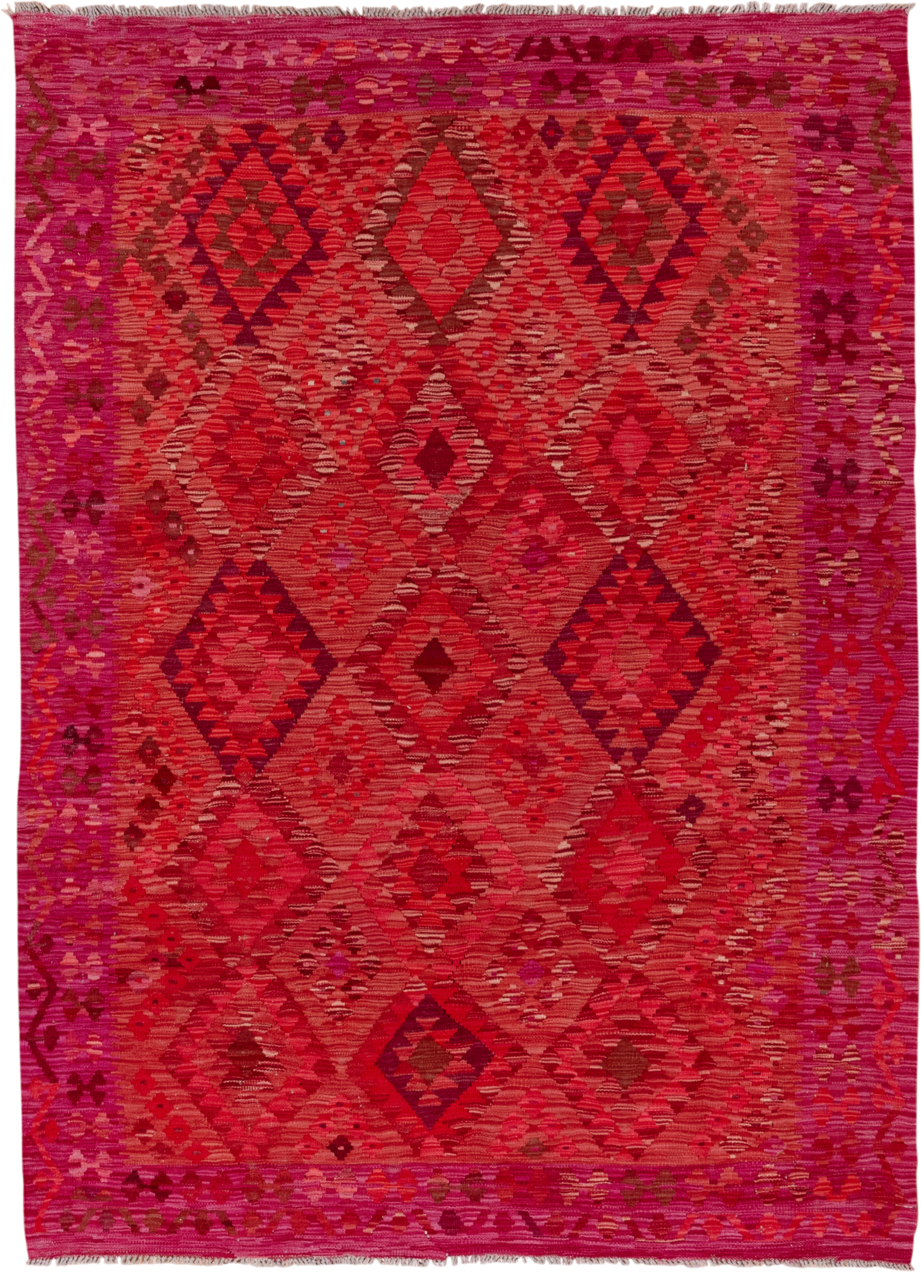 5' x 8' one-of-a-kind handmade vintage Kilim medium size rug. Color palette: magenta, crimson, fuchsia, rose, burgundy