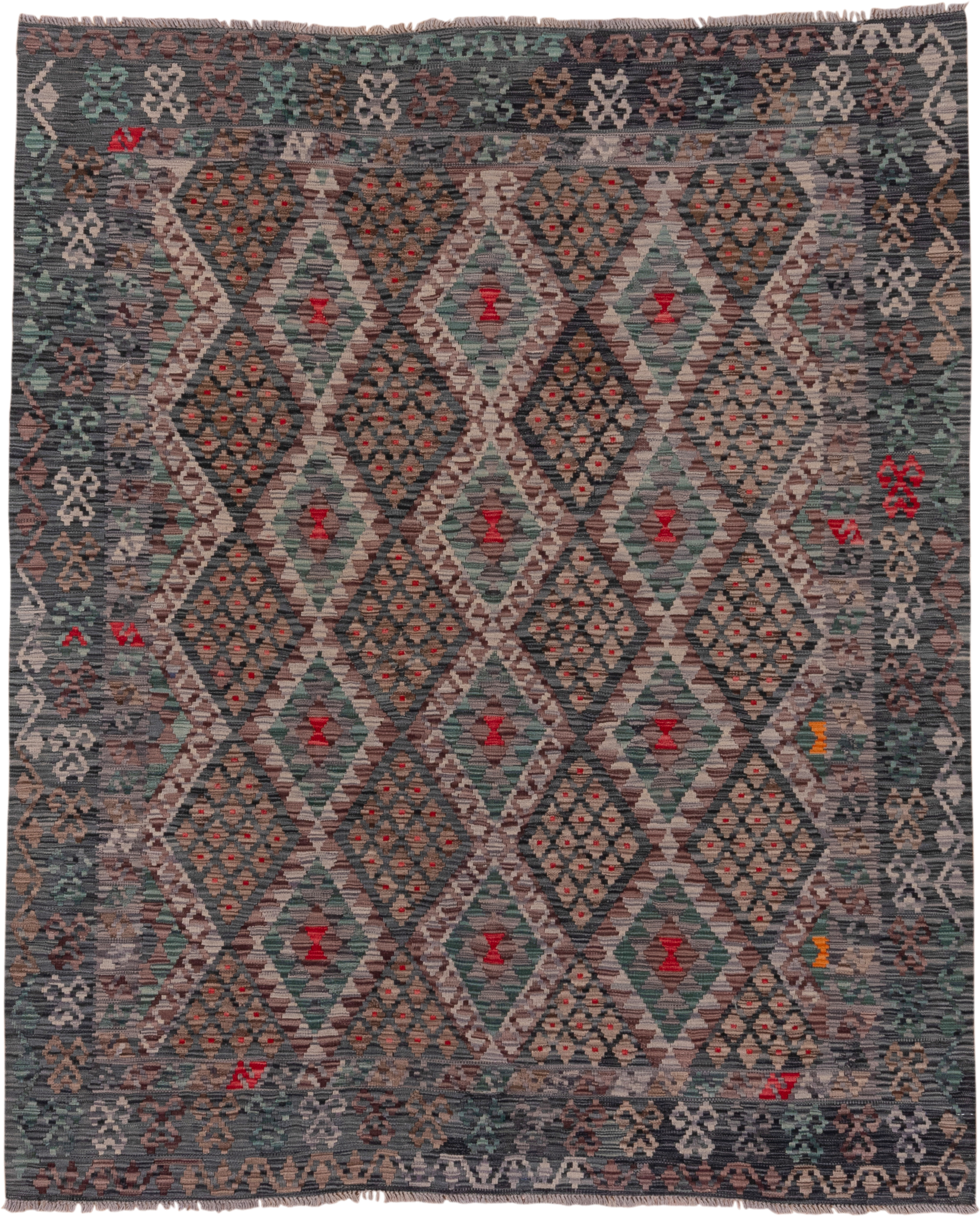6' x 7' one-of-a-kind handmade vintage Kilim rug. Color palette: charcoal, taupe, sage, ivory, rose, crimson, brown, ochre