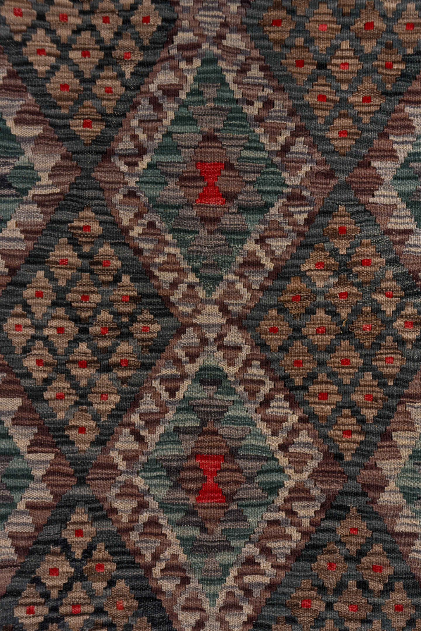 6' x 7' one-of-a-kind handmade vintage Kilim rug. Color palette: charcoal, taupe, sage, ivory, rose, crimson, brown, ochre