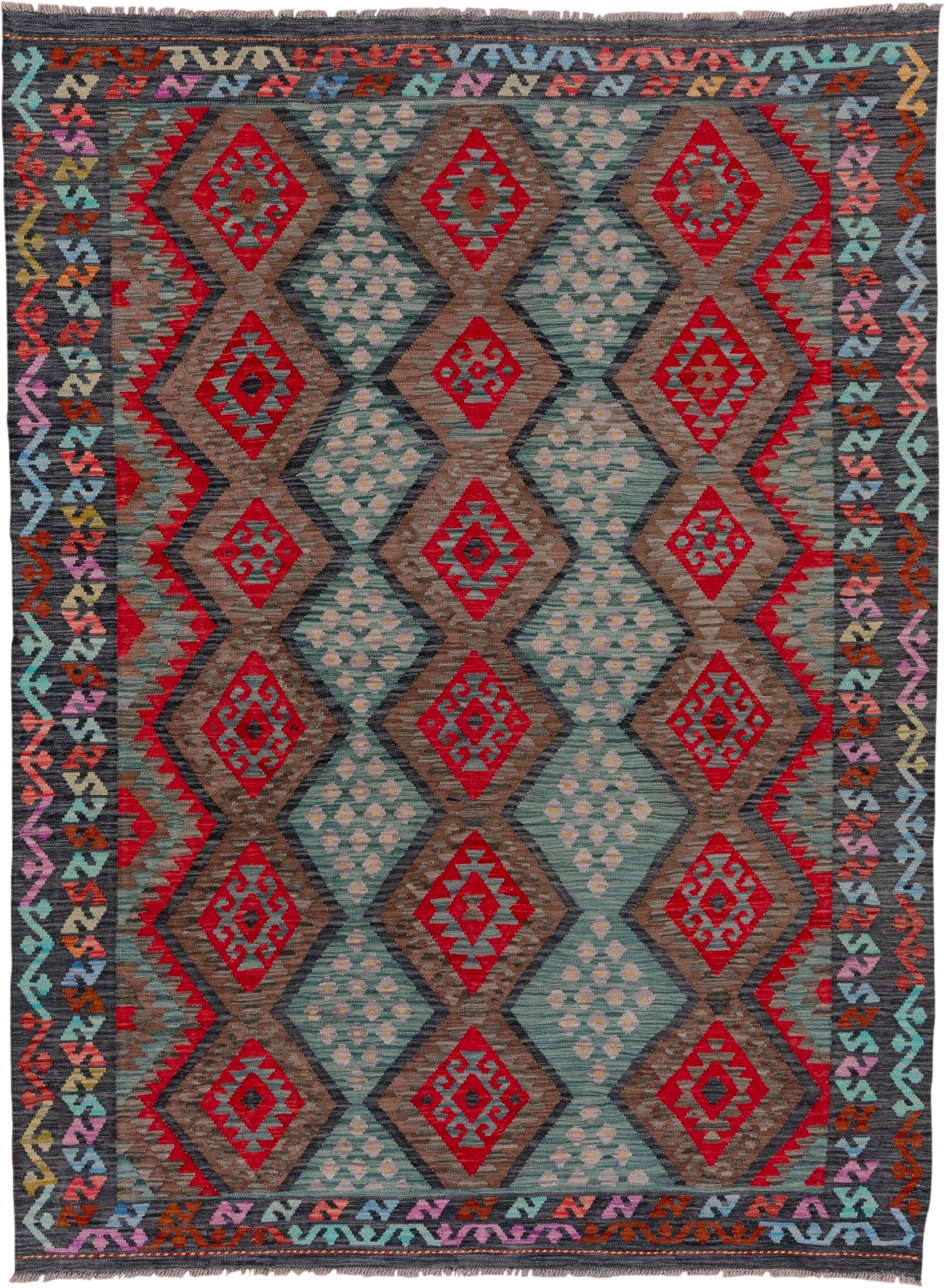 7' x 9' one-of-a-kind handmade vintage Kilim rug. Color palette: aqua, charcoal, crimson, taupe, coral, lavender, ivory