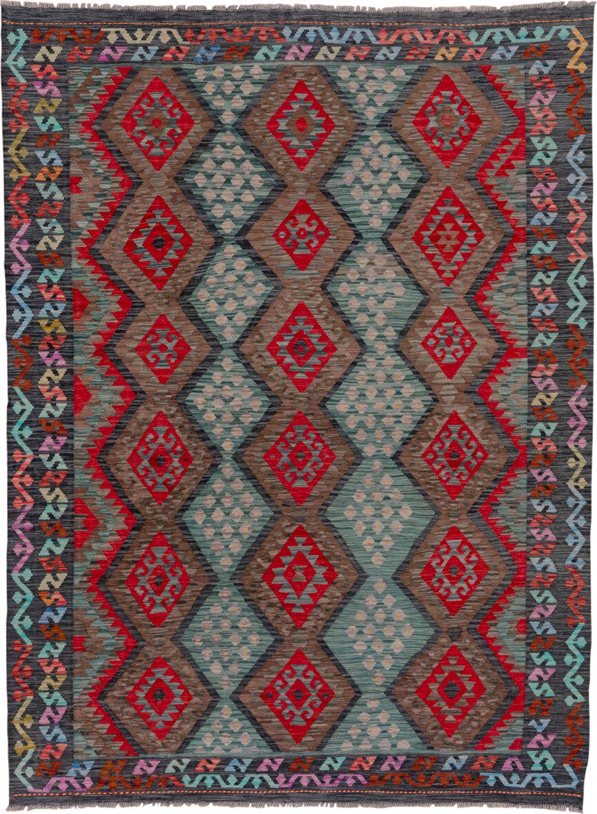 7' x 9' one-of-a-kind handmade vintage Kilim rug. Color palette: aqua, charcoal, crimson, taupe, coral, lavender, ivory