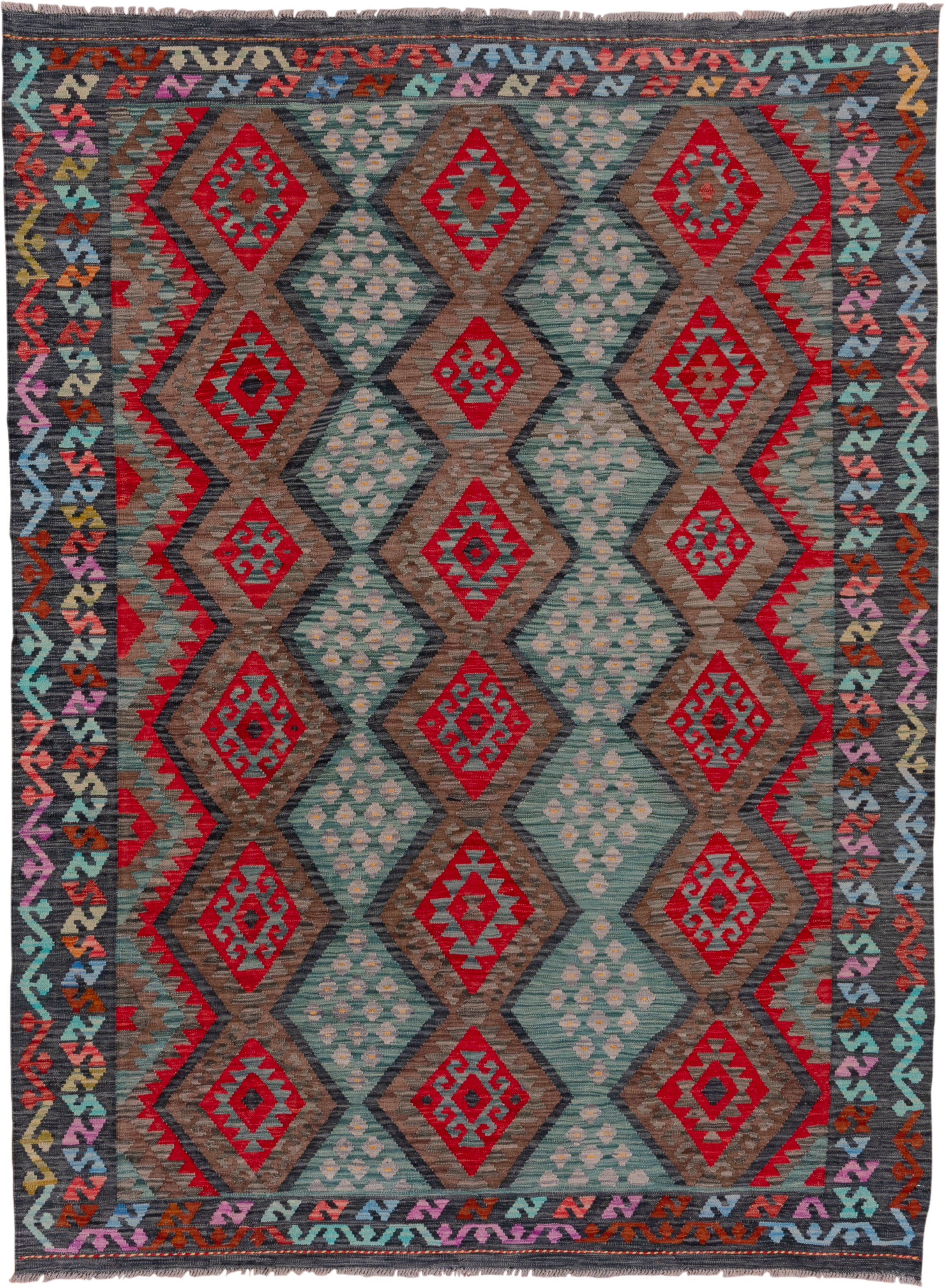 7' x 9' one-of-a-kind handmade vintage Kilim rug. Color palette: aqua, charcoal, crimson, taupe, coral, lavender, ivory