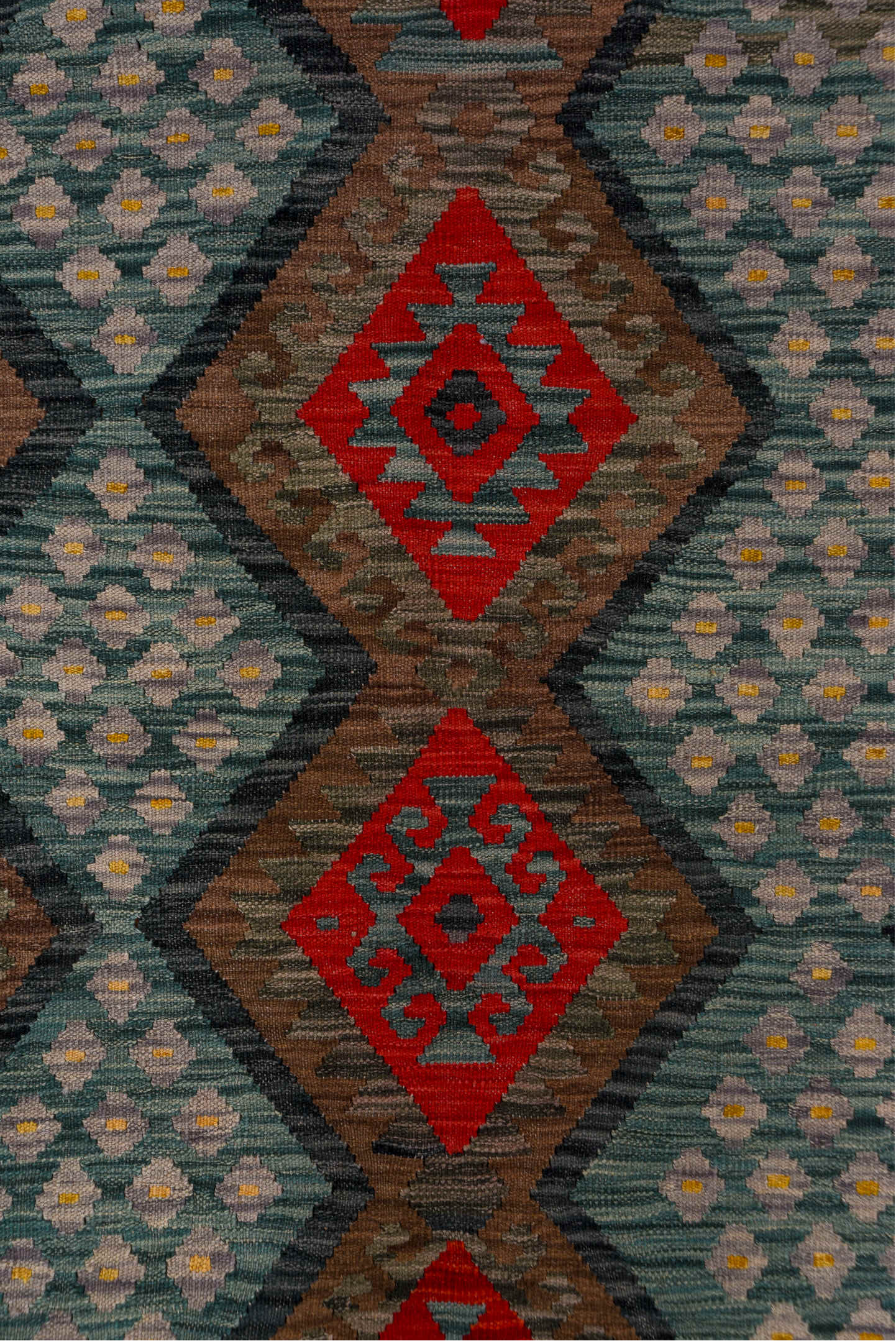 7' x 9' one-of-a-kind handmade vintage Kilim rug. Color palette: aqua, charcoal, crimson, taupe, coral, lavender, ivory