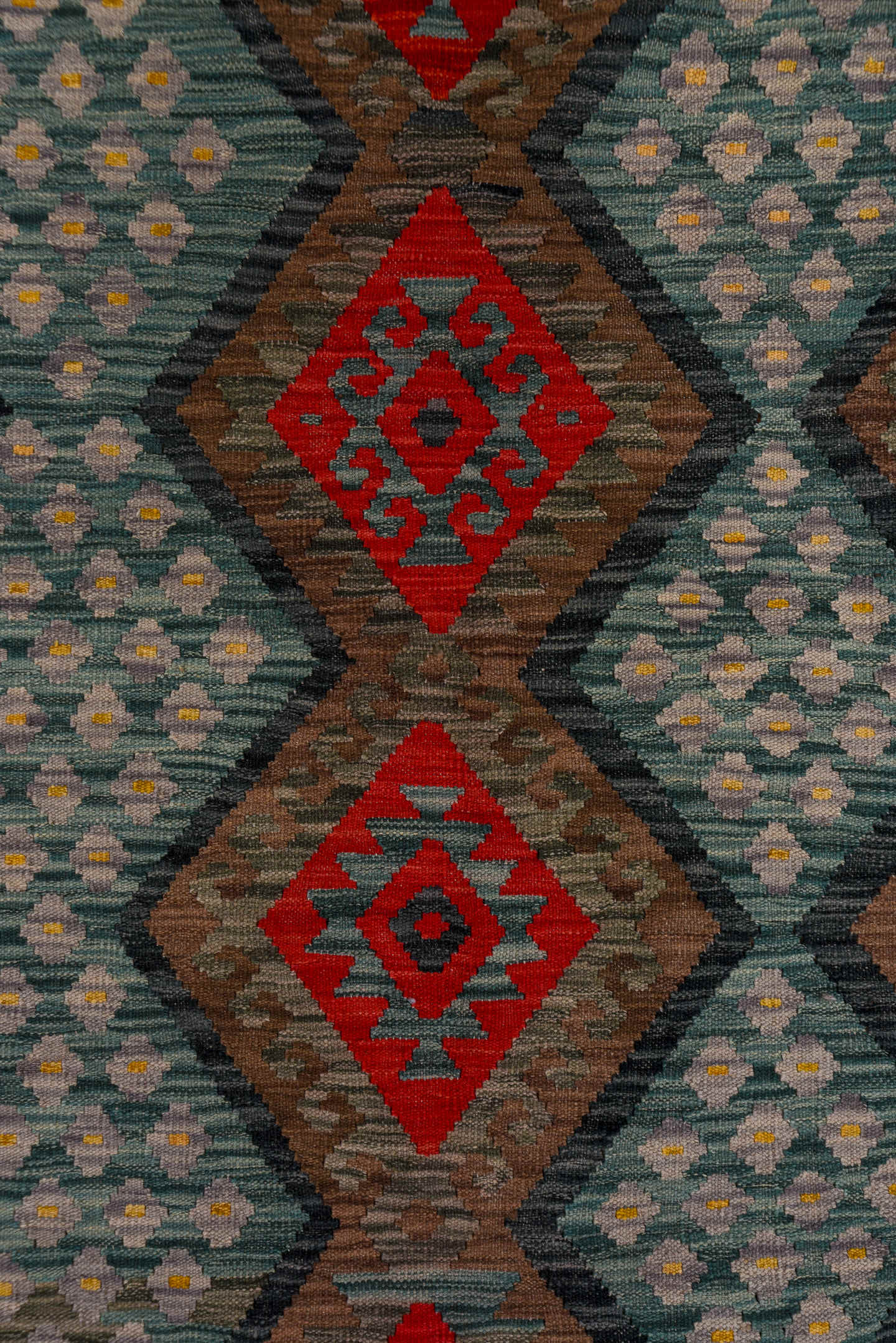 7' x 9' one-of-a-kind handmade vintage Kilim rug. Color palette: aqua, charcoal, crimson, taupe, coral, lavender, ivory
