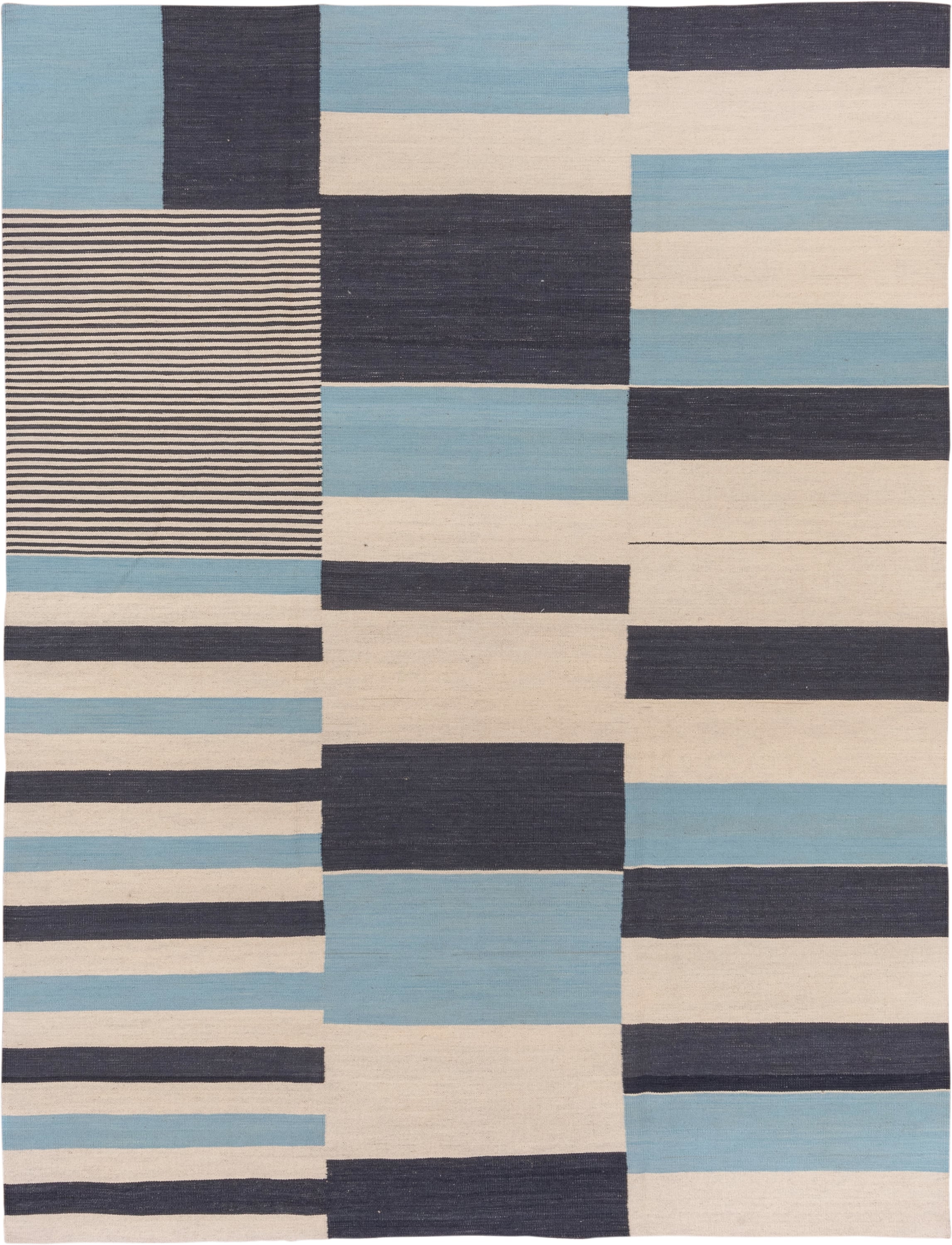 7' x 9' one-of-a-kind handmade vintage Kilim rug. Color palette: ivory, navy, sky blue, blue, light blue