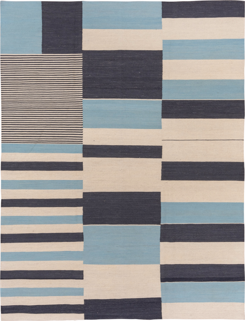 7' x 9' one-of-a-kind handmade vintage Kilim rug. Color palette: black, blue, brown, charcoal, dark gray, gray, light blue