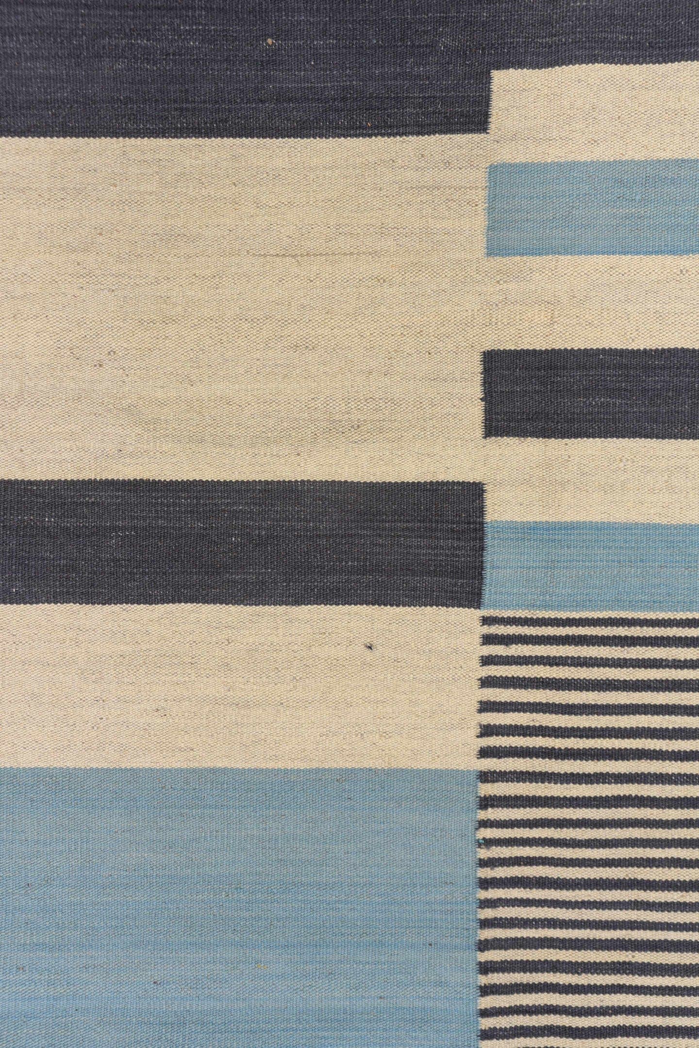 7' x 9' one-of-a-kind handmade vintage Kilim rug. Color palette: ivory, navy, sky blue, blue, light blue