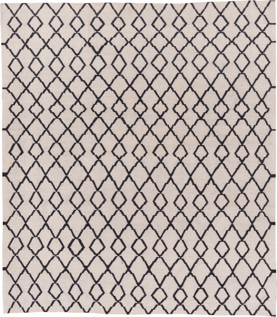 8' x 9' one-of-a-kind handmade vintage Kilim rug. Color palette: ivory, charcoal, gray, black