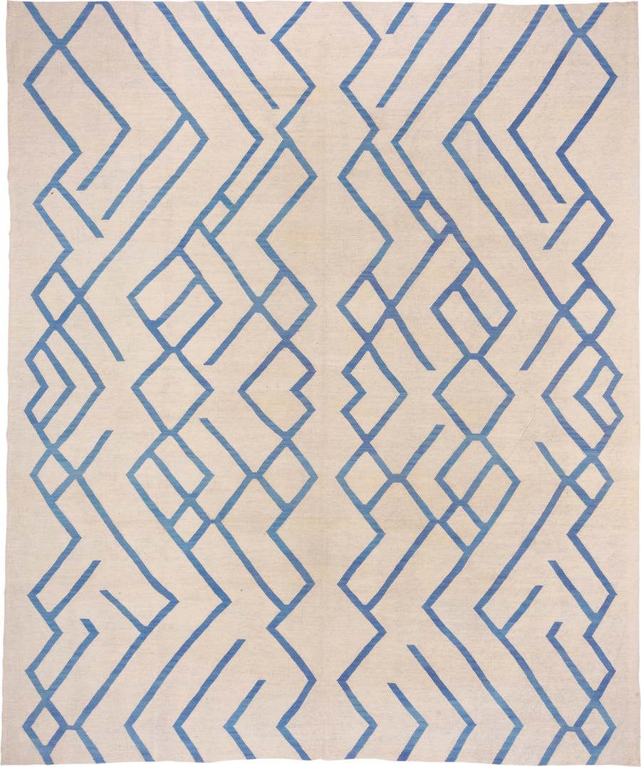 10' x 13' one-of-a-kind handmade vintage Kilim large size rug. Color palette: ivory, sky blue, cream, light blue