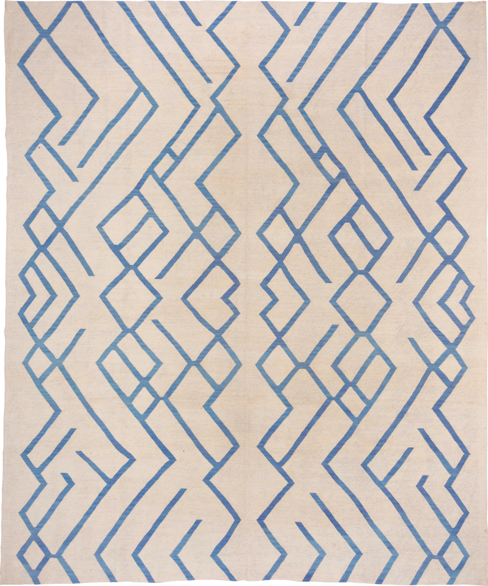 10' x 13' one-of-a-kind handmade vintage Kilim large size rug. Color palette: ivory, sky blue, cream, light blue