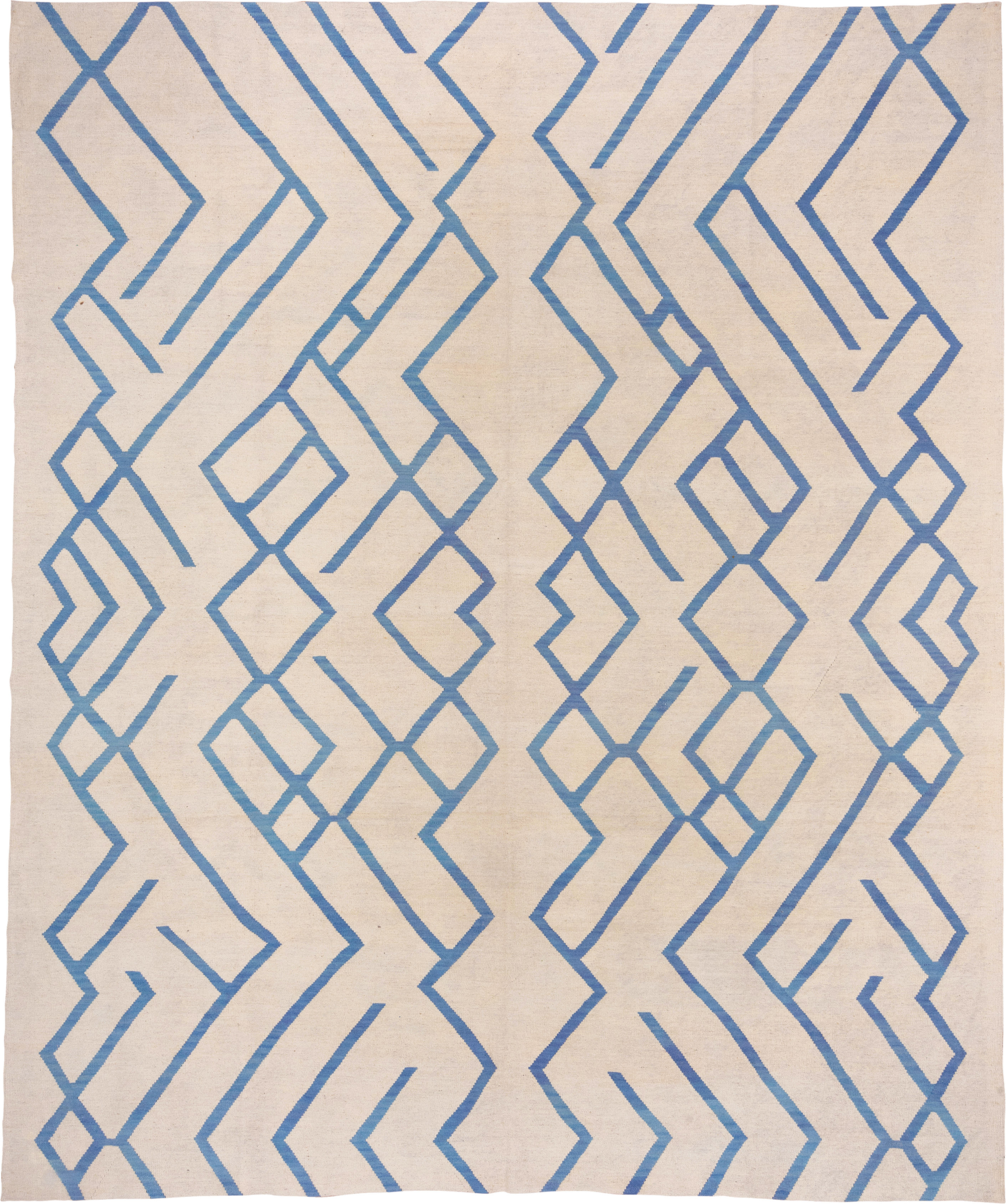 10' x 13' one-of-a-kind handmade vintage Kilim large size rug. Color palette: ivory, sky blue, cream, light blue